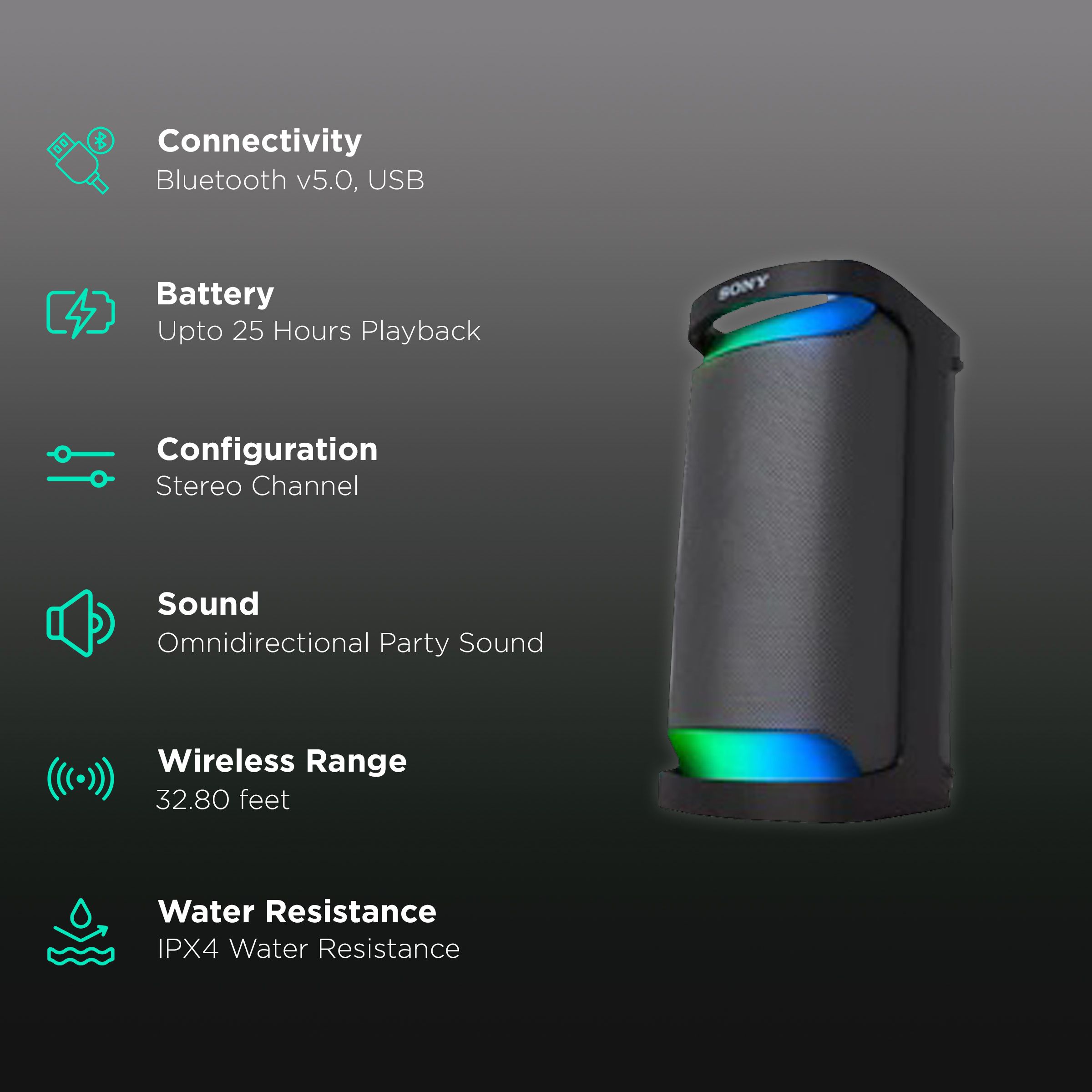 SONY Bluetooth Party Speaker (IPX4 Water Resistant, Stereo Channel, Black)_2