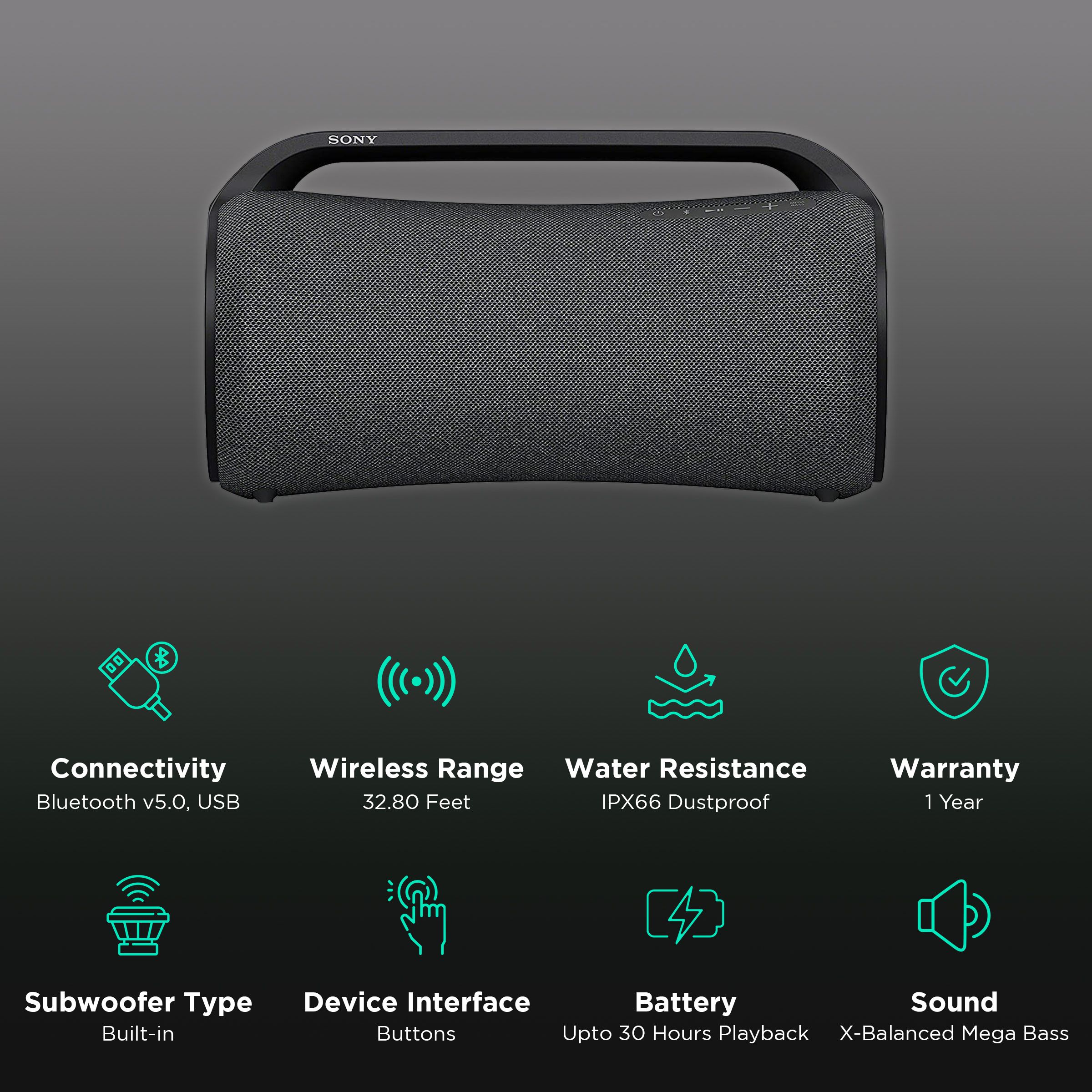 SONY X-Series 30W Portable Bluetooth Speaker (IP66 Water Resistant, X-Balanced Mega Bass, Stereo Channel, Black)_2