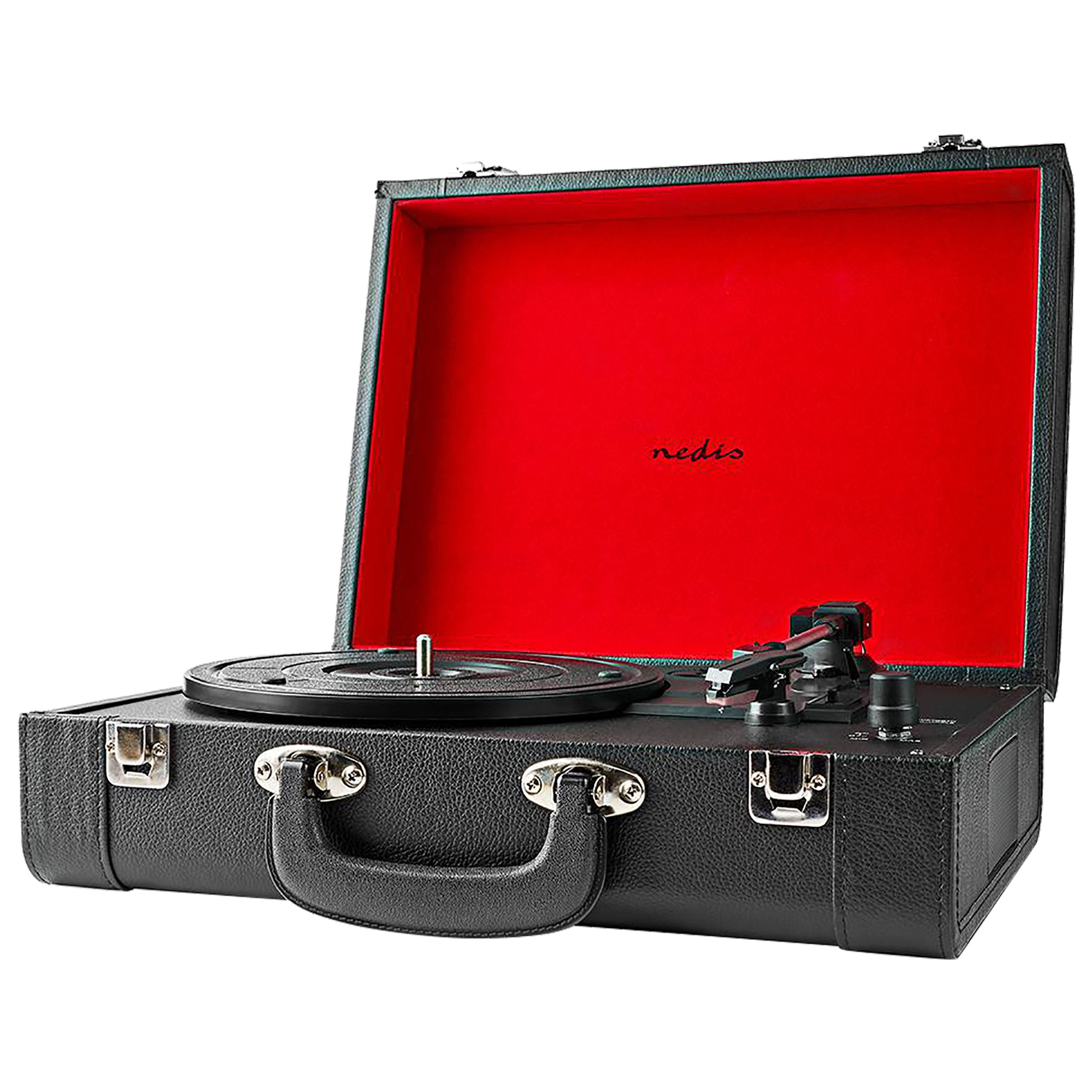 Nedis 2.0 Channel 18 Watts Vinyl Record Player (3 Speed Settings, Portable Breifcase, TURN210BK, Black Red) Nedis 2.0 Channel 18 Watts Vinyl Record Player (3 Speed Settings, Portable Breifcase, TURN210BK, Black Red)_4