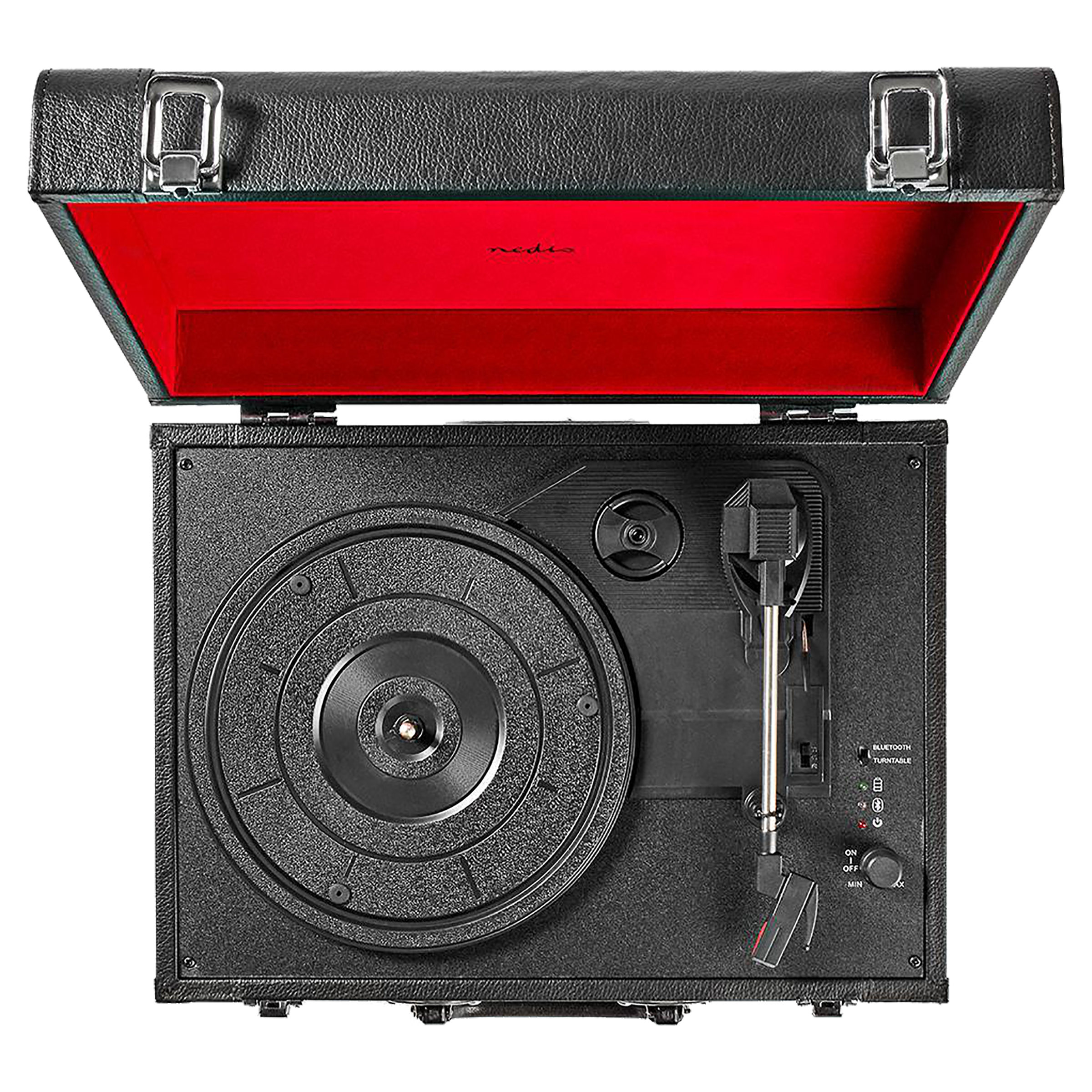 Nedis 2.0 Channel 18 Watts Vinyl Record Player (3 Speed Settings, Portable Breifcase, TURN210BK, Black Red) Nedis 2.0 Channel 18 Watts Vinyl Record Player (3 Speed Settings, Portable Breifcase, TURN210BK, Black Red)_6