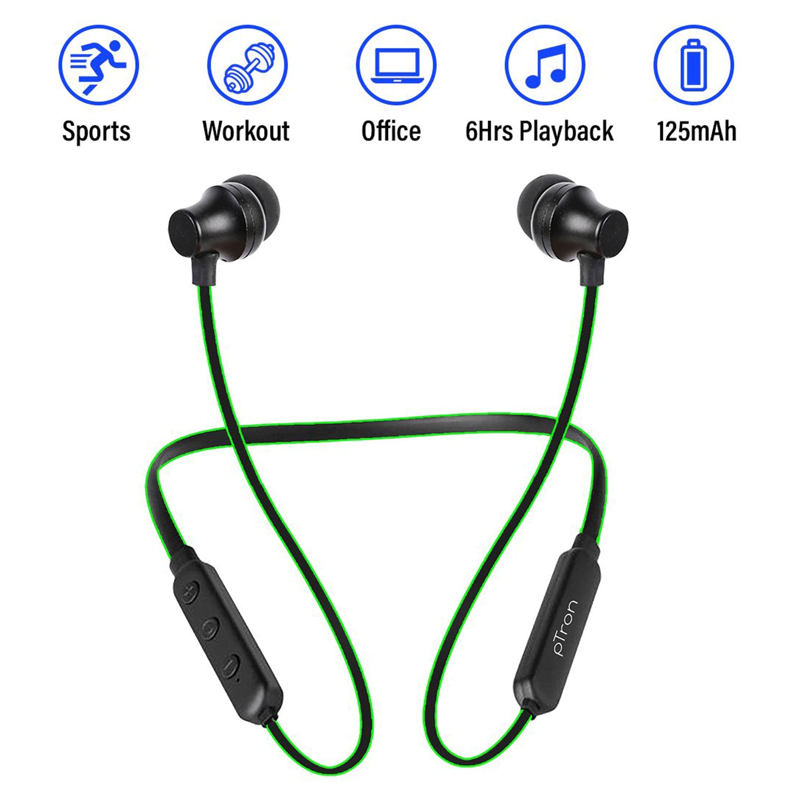 pTron InTunes Lite 140317788 Neckband with Passive Noise Cancellation (Sweat & Water Resistant, 6 Hours Playtime, Black & Green)_7