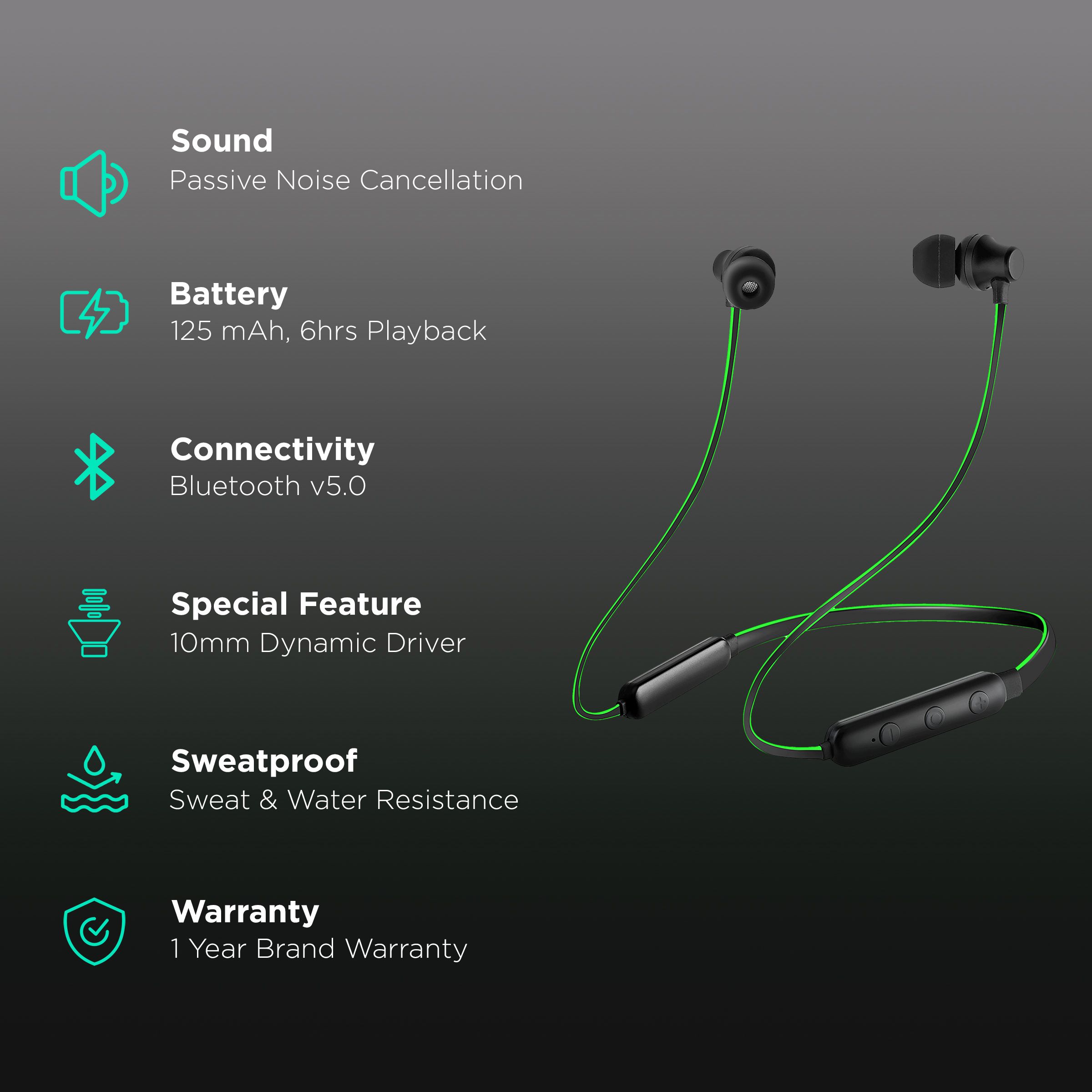 pTron InTunes Lite 140317788 Neckband with Passive Noise Cancellation (Sweat & Water Resistant, 6 Hours Playtime, Black & Green)_2