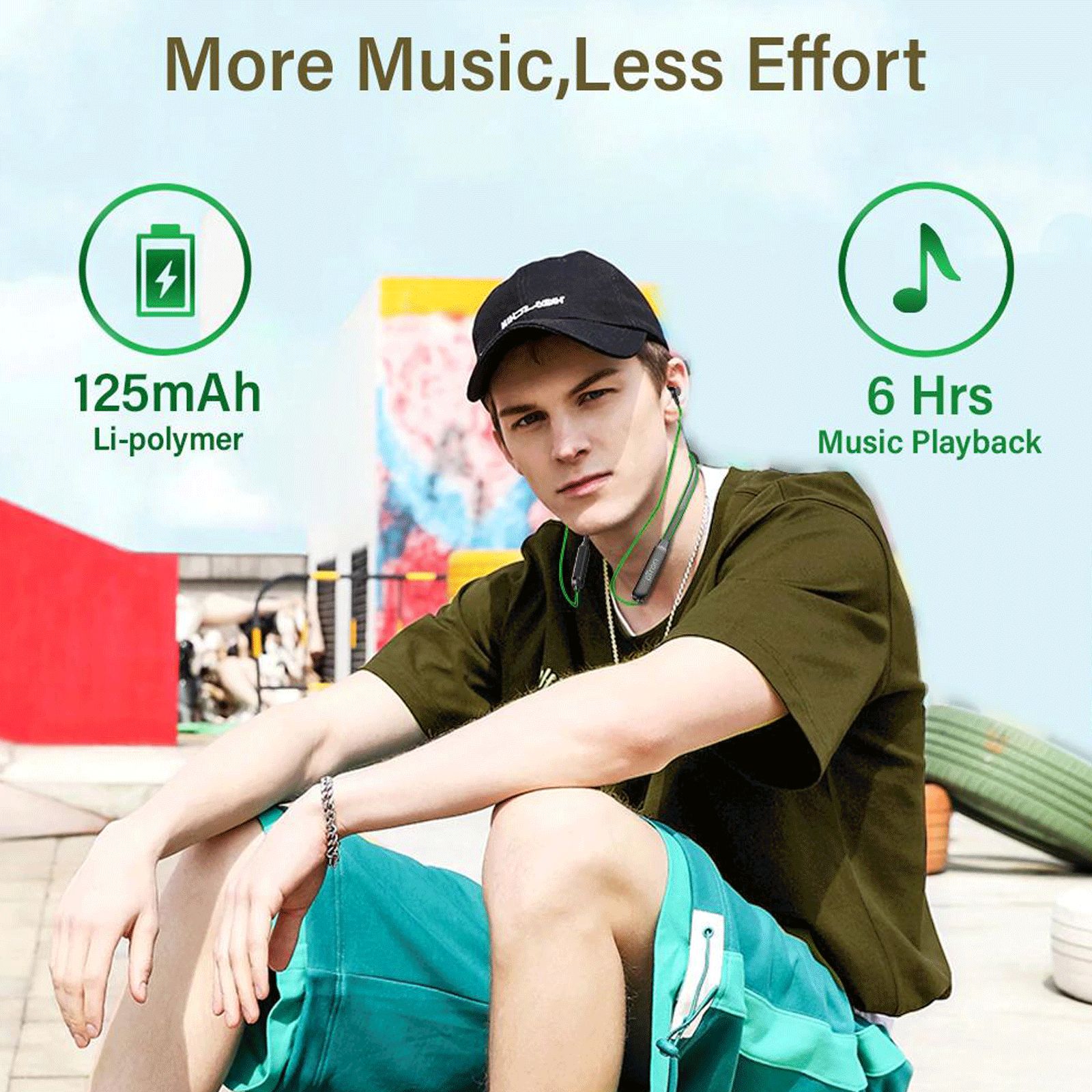 pTron InTunes Lite 140317788 Neckband with Passive Noise Cancellation (Sweat & Water Resistant, 6 Hours Playtime, Black & Green)_3
