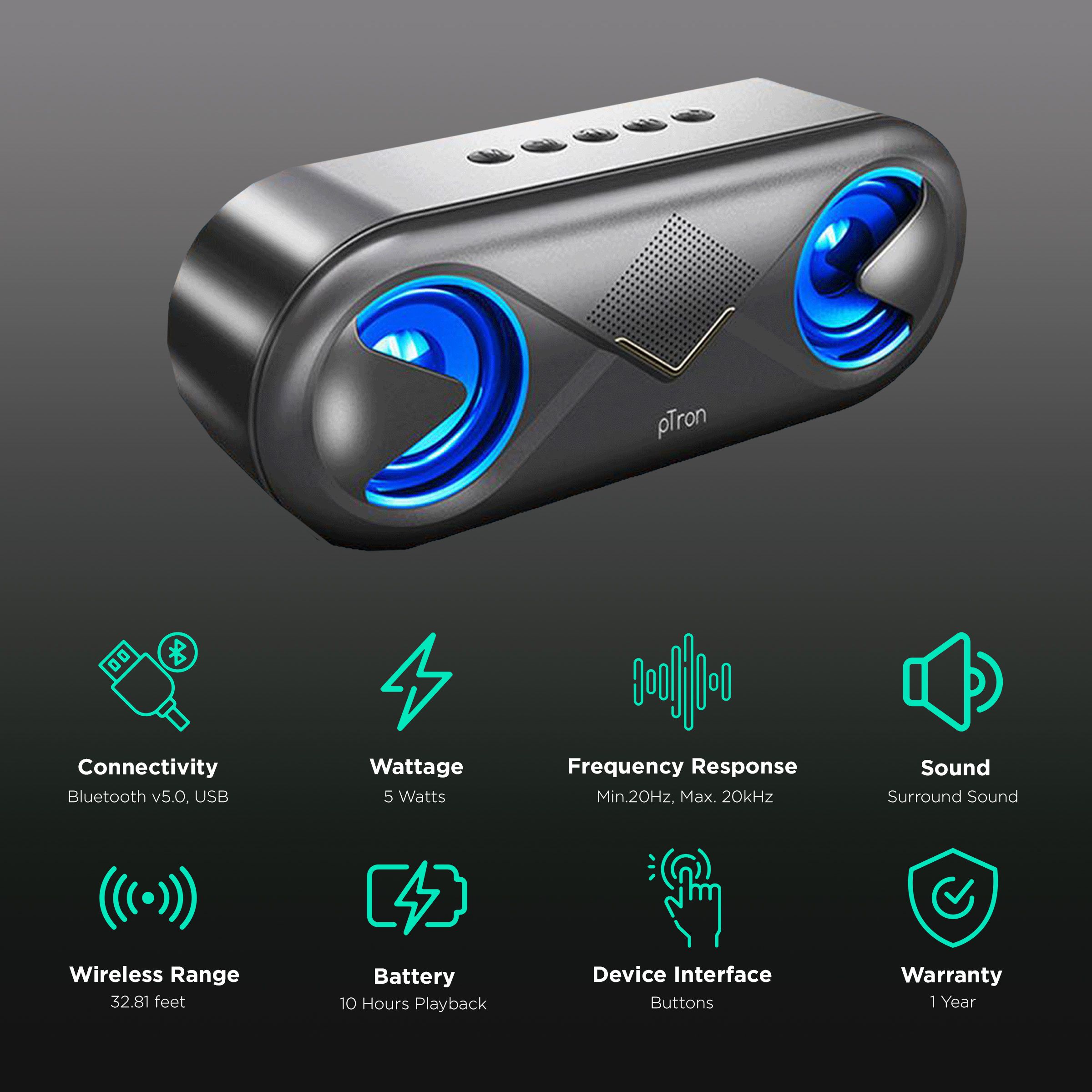 pTron Fusion 10W Portable Bluetooth Speaker (10 Hours Playtime, Black)_2