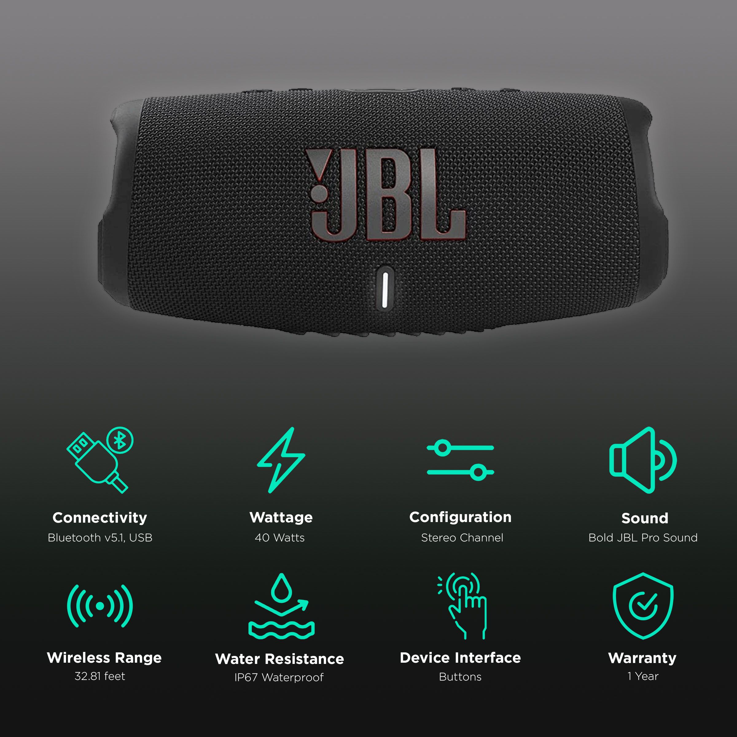 JBL Charge 5 40W Portable Bluetooth Speaker (IP67 Waterproof, PartyBoost Technology, Stereo Channel, Black) JBL Charge 5 40W Portable Bluetooth Speaker (IP67 Waterproof, PartyBoost Technology, Stereo Channel, Black)_2