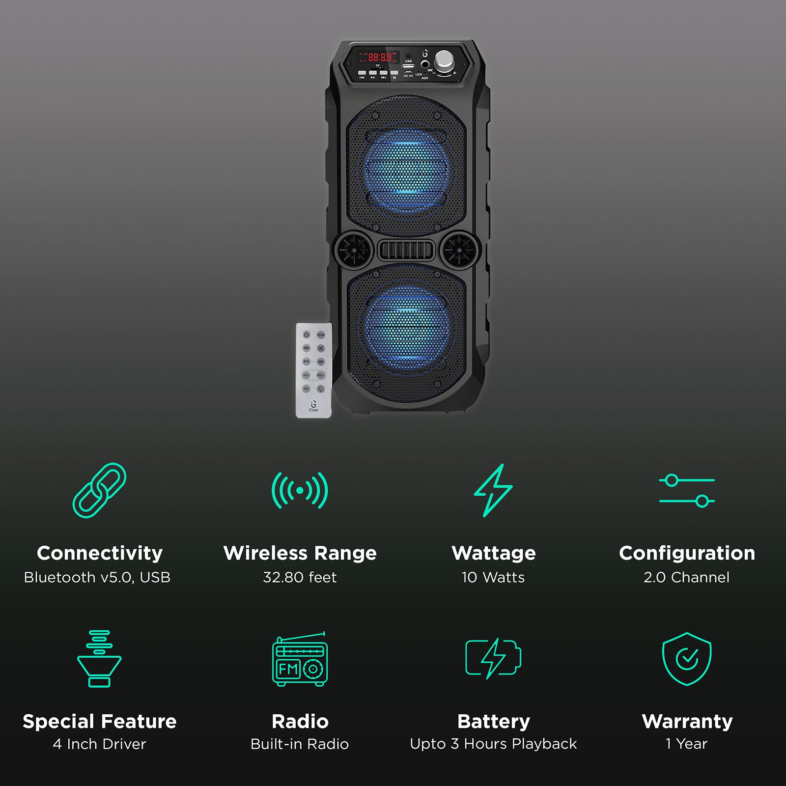 iGear Dynamo 16W Bluetooth Party Speaker with Mic (Built-in LED Light, 2.0 Channel, Black) iGear Dynamo 16W Bluetooth Party Speaker with Mic (Built-in LED Light, 2.0 Channel, Black)_2