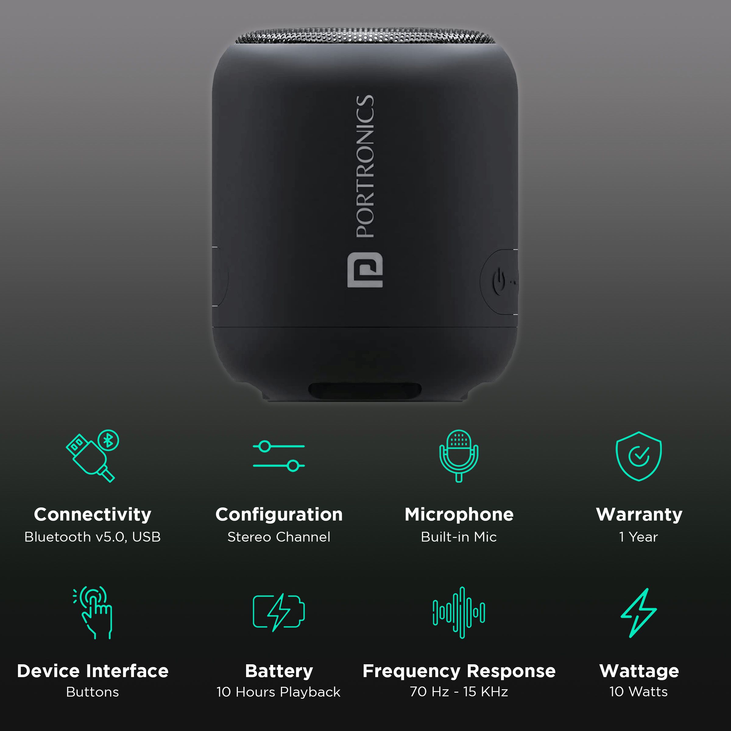 PORTRONICS SoundDrum1 10W Portable Bluetooth Speaker (6 Hours Playtime, Black)_2