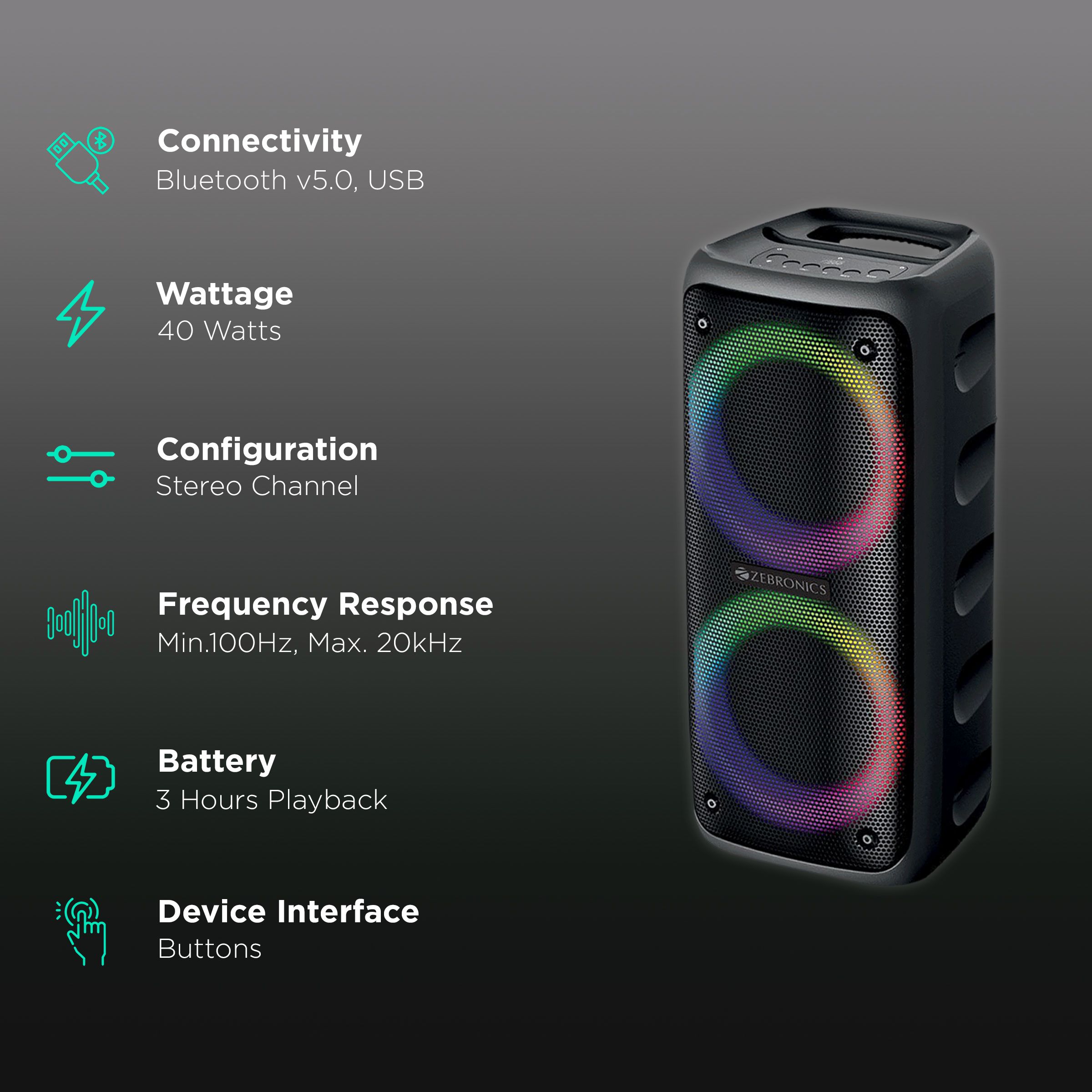ZEBRONICS Zeb-Barrel 200 40W Bluetooth Party Speaker (RGB Light, Stereo Channel, Black) ZEBRONICS Zeb-Barrel 200 40W Bluetooth Party Speaker (RGB Light, Stereo Channel, Black)_2