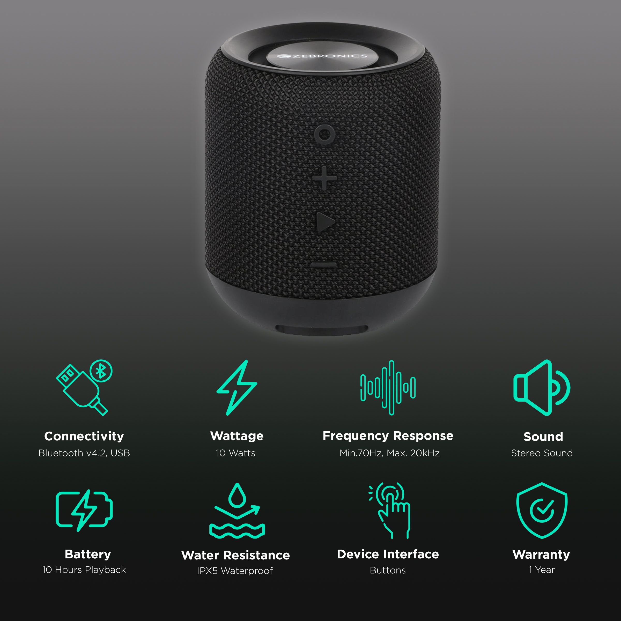ZEBRONICS Zeb-Music Bomb 10W Portable Bluetooth Speaker (IPX5 Waterproof, 10 Hours Playtime, Black)_2