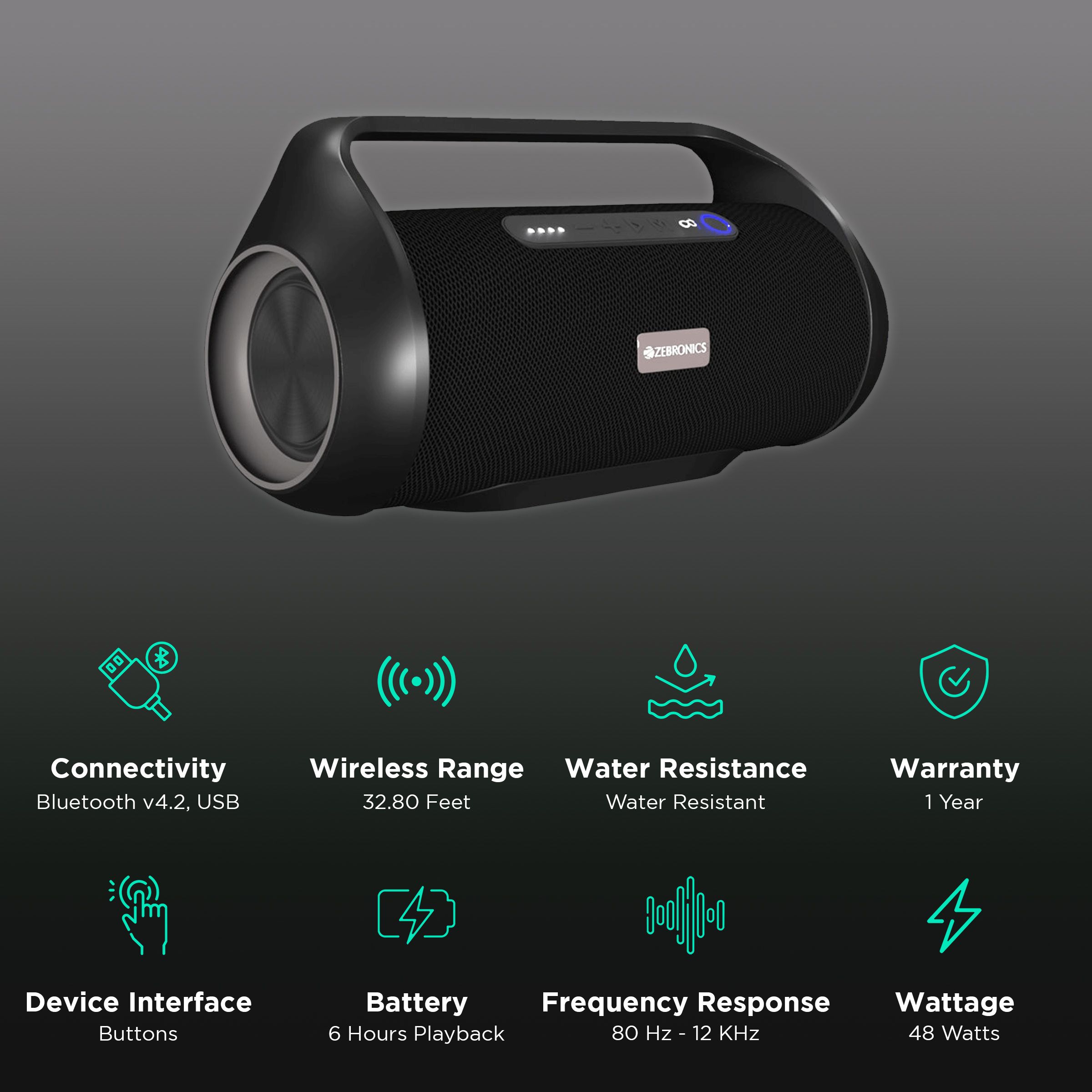 ZEBRONICS Zeb-Sound Feast 300 48W Bluetooth Party Speaker (Voice Assistant Support, Stereo Channel, Black) ZEBRONICS Zeb-Sound Feast 300 48W Bluetooth Party Speaker (Voice Assistant Support, Stereo Channel, Black)_2