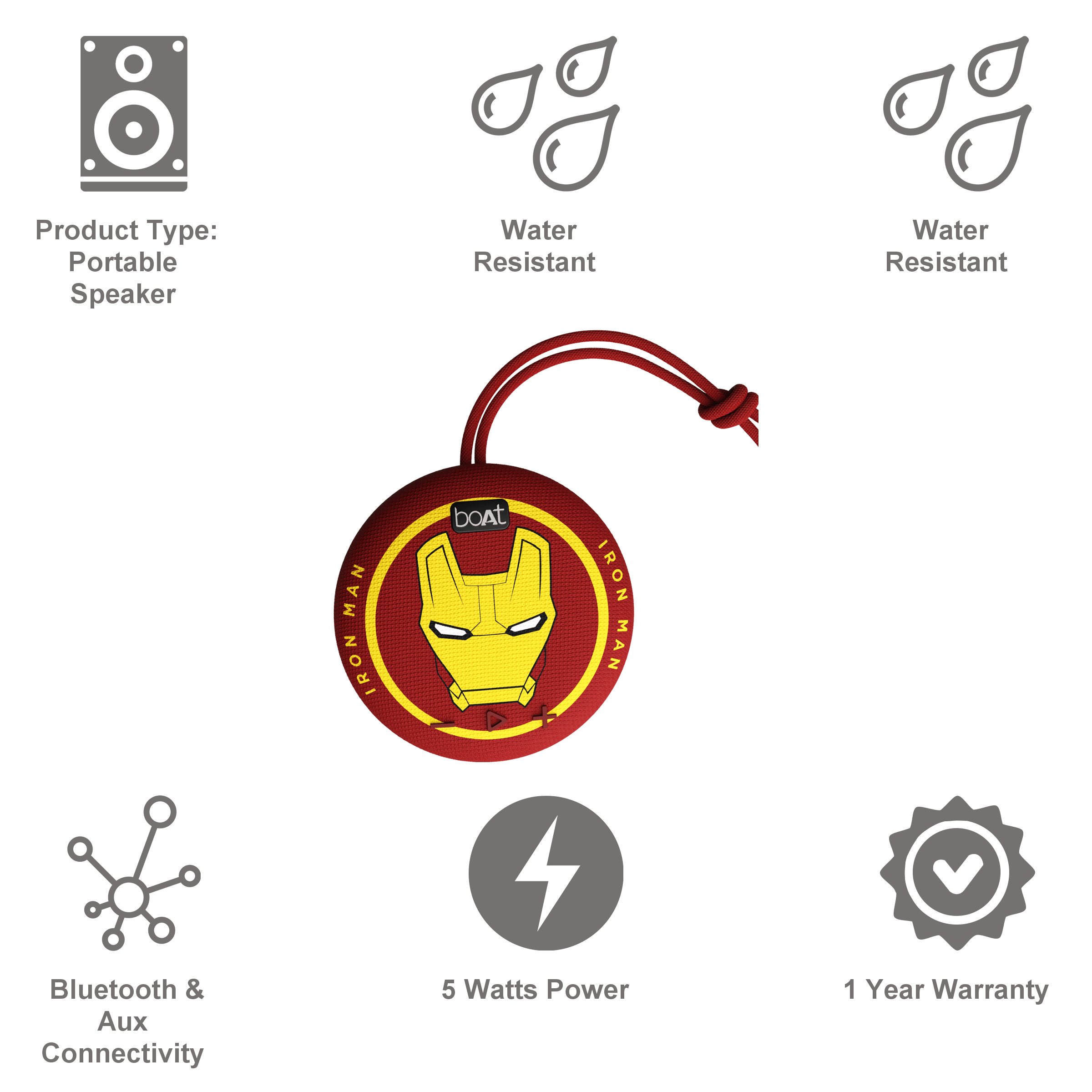 boAt Stone 190 Iron Man Marvel Edition 5W Portable Bluetooth Speaker (IPX7 Water Resistant, 4 Hours Playback Time, Mono Channel, Iron Blood) boAt Stone 190 Iron Man Marvel Edition 5W Portable Bluetooth Speaker (IPX7 Water Resistant, 4 Hours Playback Time, Mono Channel, Iron Blood)_8