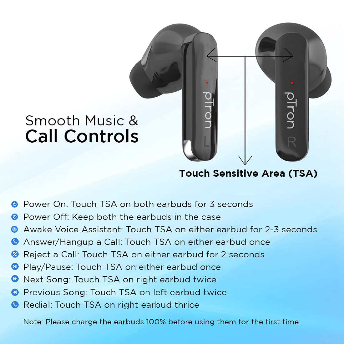 pTron Bassbuds Duo 140318113 TWS Earbuds with Passive Noise Cancellation (IPX4 Water Resistant, 32 Hours Playtime, Black)_5