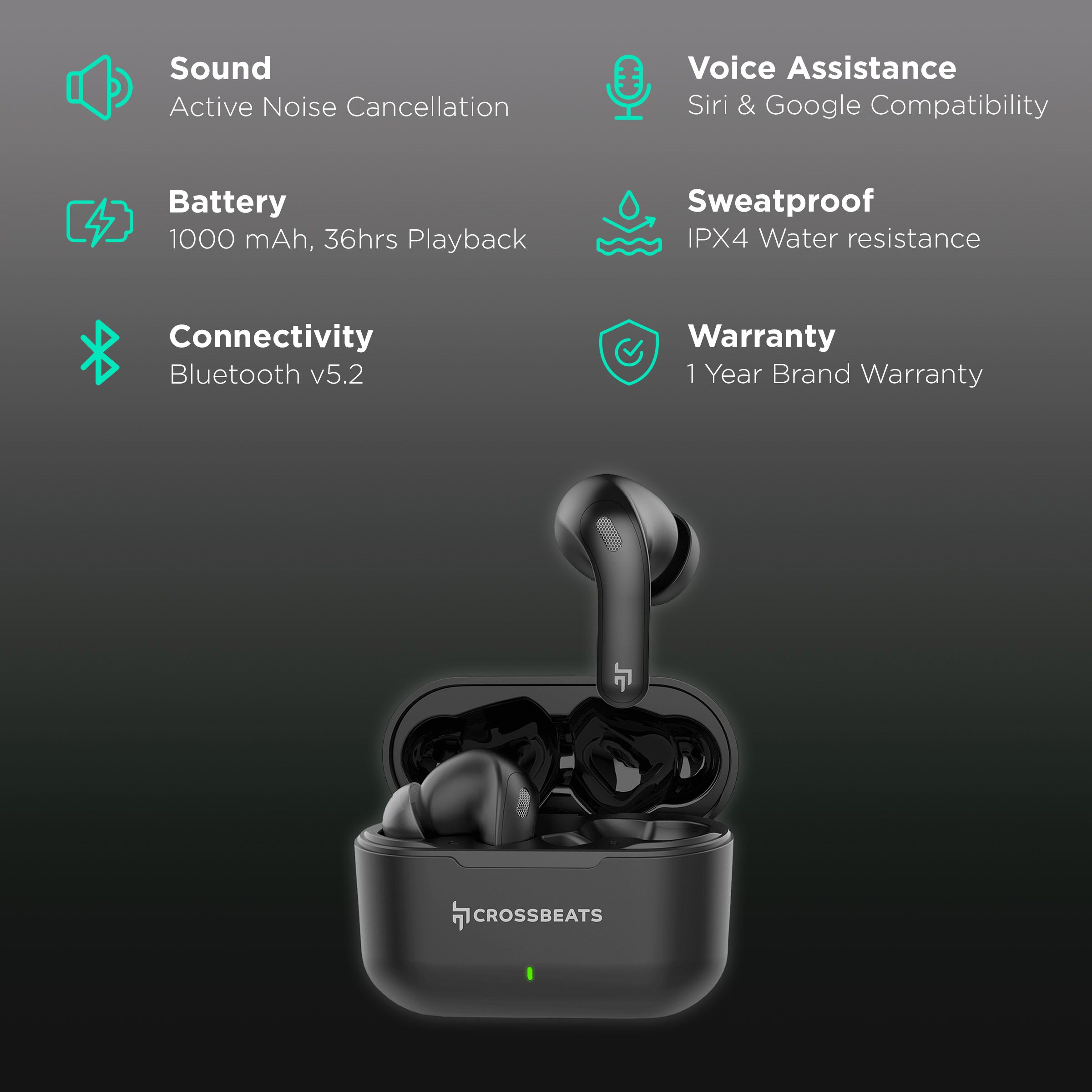 CROSSBEATS Epic TWS Earbuds with Active Noise Cancellation (IPX4 Water Resistant, 36 Hours Playback, Black)_2
