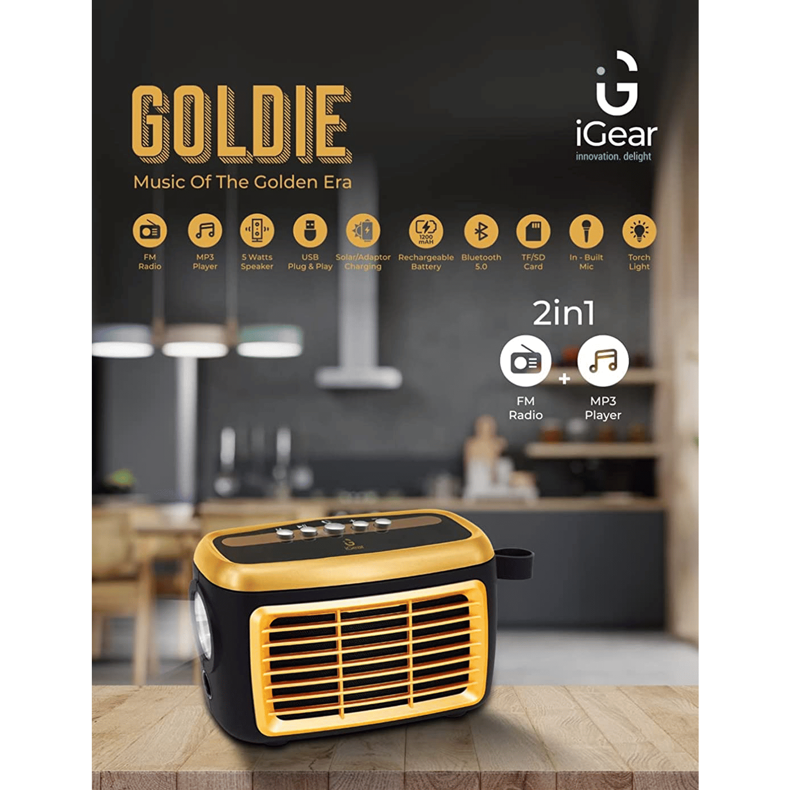 iGear Goldie 5 Watt Portable Bluetooth Speaker (Multimedia Connectivity, iG-1145, Gold Black) iGear Goldie 5 Watt Portable Bluetooth Speaker (Multimedia Connectivity, iG-1145, Gold Black)_5
