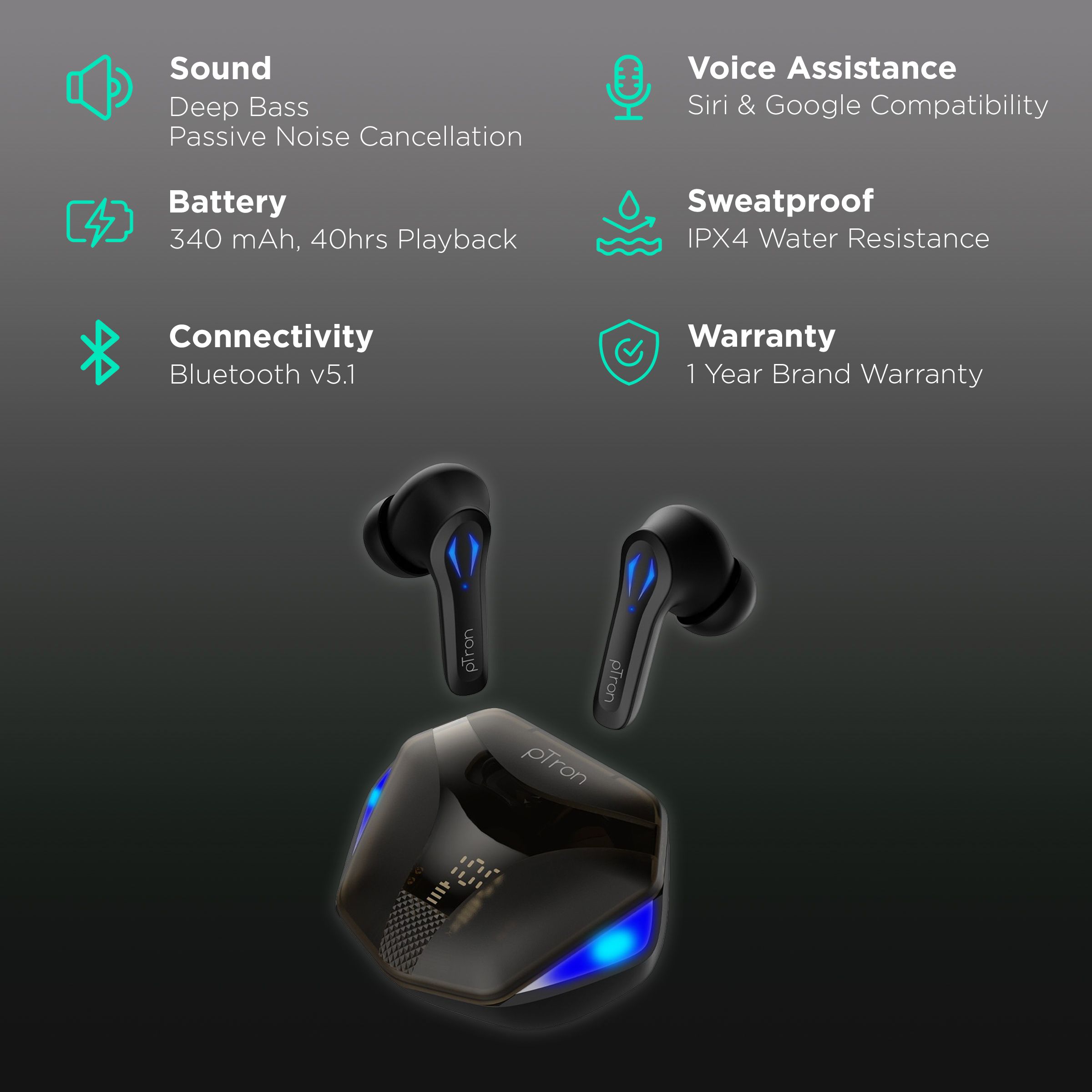 pTron Basspods 681 140317984 TWS Earbuds with Passive Noise Cancellation (IPX4 Sweat & Water Resistant, 40 Hours Playback, Black) pTron Basspods 681 140317984 TWS Earbuds with Passive Noise Cancellation (IPX4 Sweat & Water Resistant, 40 Hours Playback, Black)_2