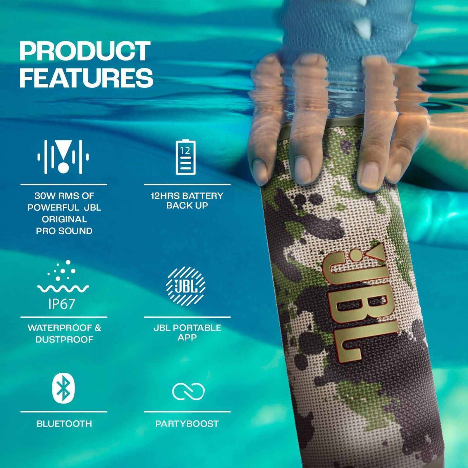 JBL Flip 6 30W Portable Bluetooth Speaker (IP67 Waterproof & Dustproof, Stereo Channel, Squad) JBL Flip 6 30W Portable Bluetooth Speaker (IP67 Waterproof & Dustproof, Stereo Channel, Squad)_12