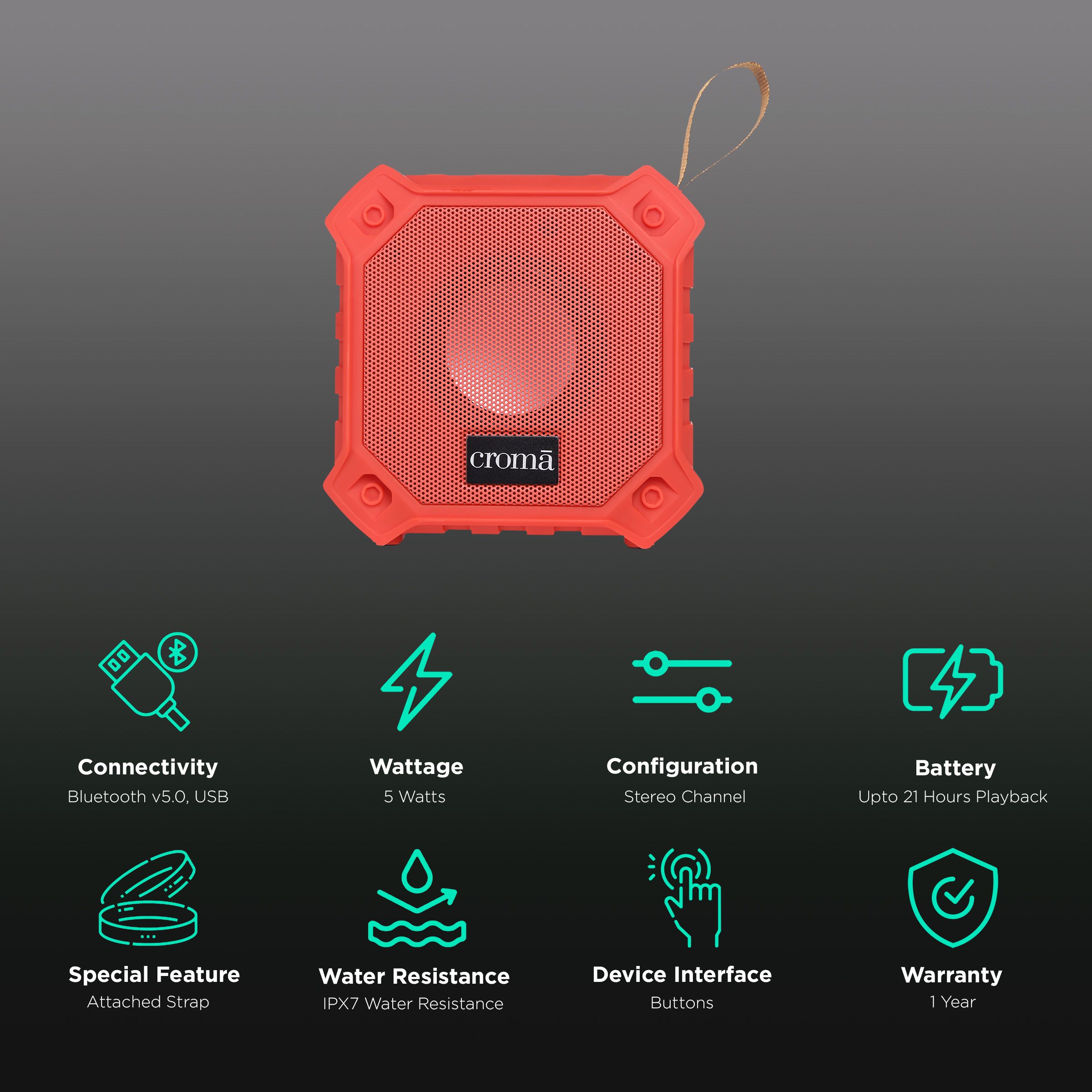 Croma 5W Portable Bluetooth Speaker (Water Resistant, Built-in Mic, Stereo Channel, Red) Croma 5W Portable Bluetooth Speaker (Water Resistant, Built-in Mic, Stereo Channel, Red)_2