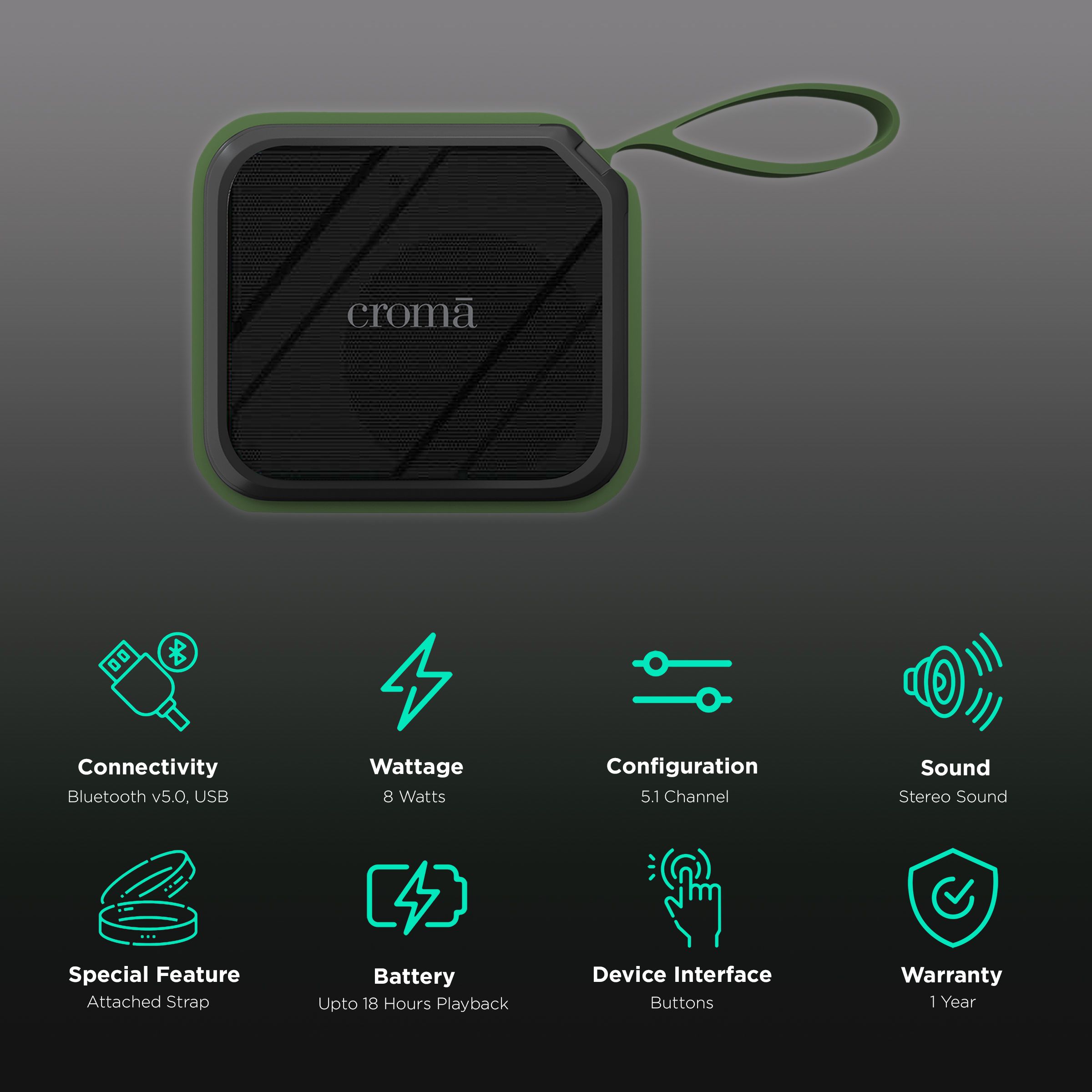 Croma 8W Portable Bluetooth Speaker (Lightweight and Ergonomic Design, 5.1 Channel, Green) Croma 8W Portable Bluetooth Speaker (Lightweight and Ergonomic Design, 5.1 Channel, Green)_2
