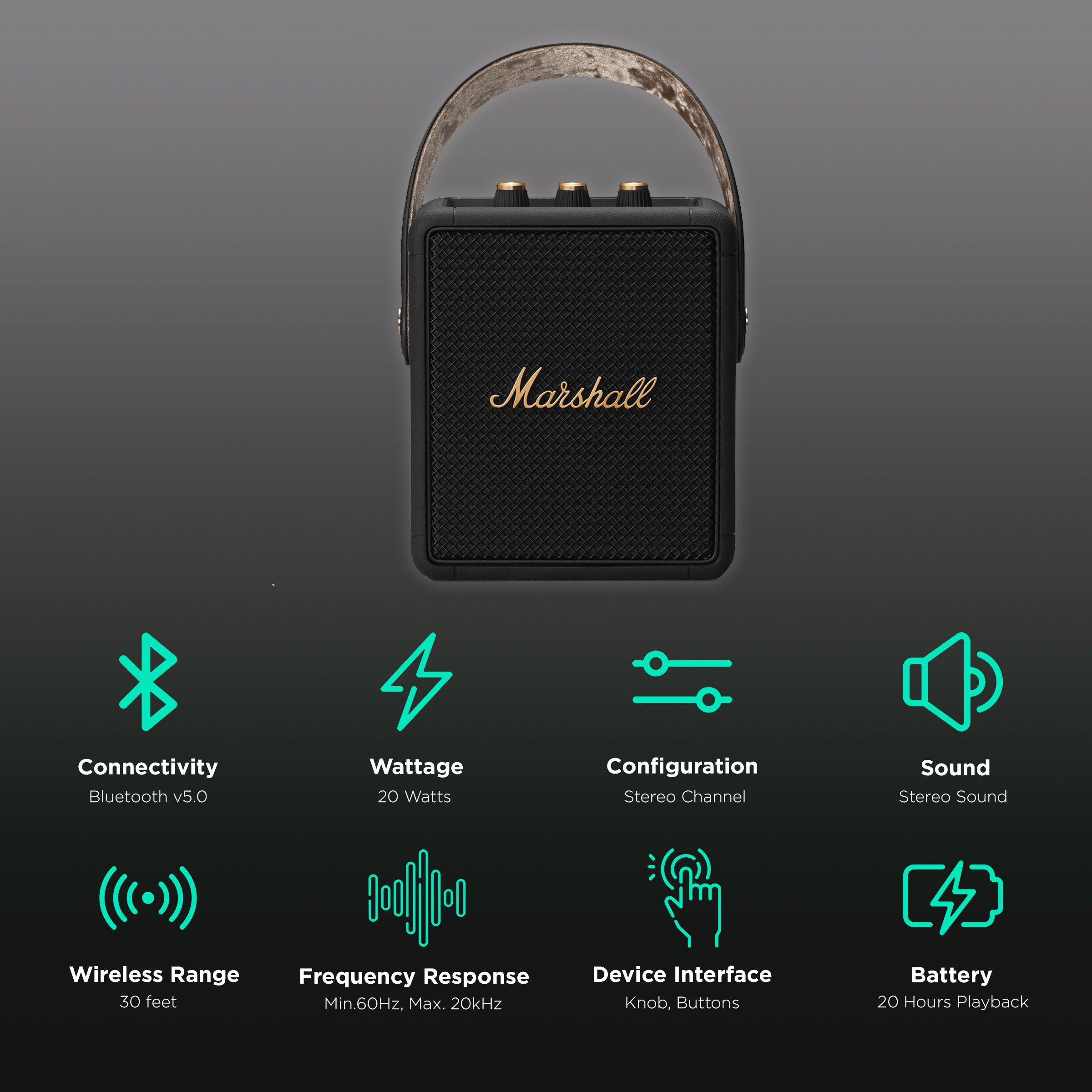 Marshall Stockwell II 20W Portable Bluetooth Speaker (IPX4 Water Resistant, 20 Hours Playtime, Stereo Channel, Black/Brass)_2