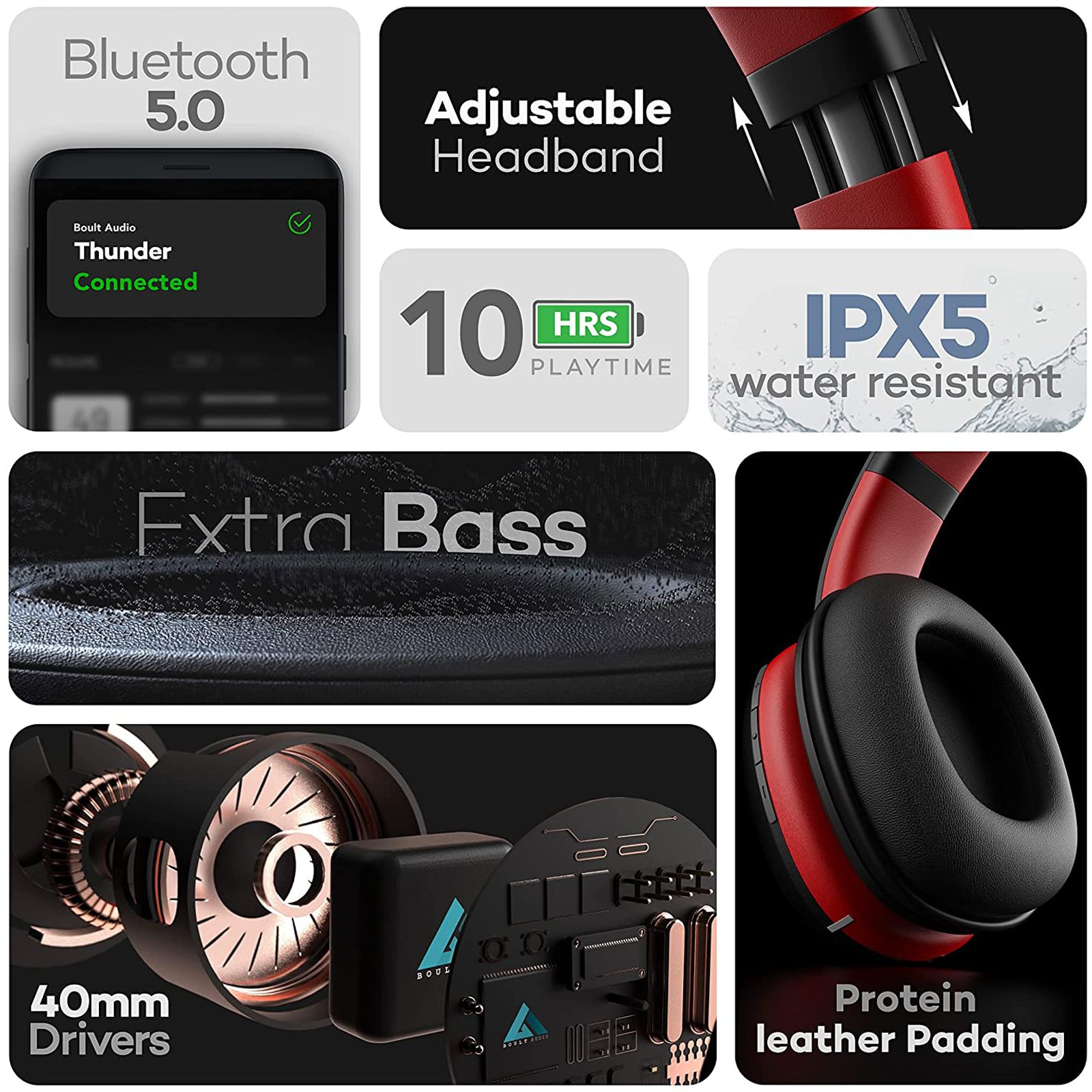 GOBOULT ProBass Thunder Bluetooth Headphone with Mic (IPX5 Water Resistant, On Ear, Black)_8