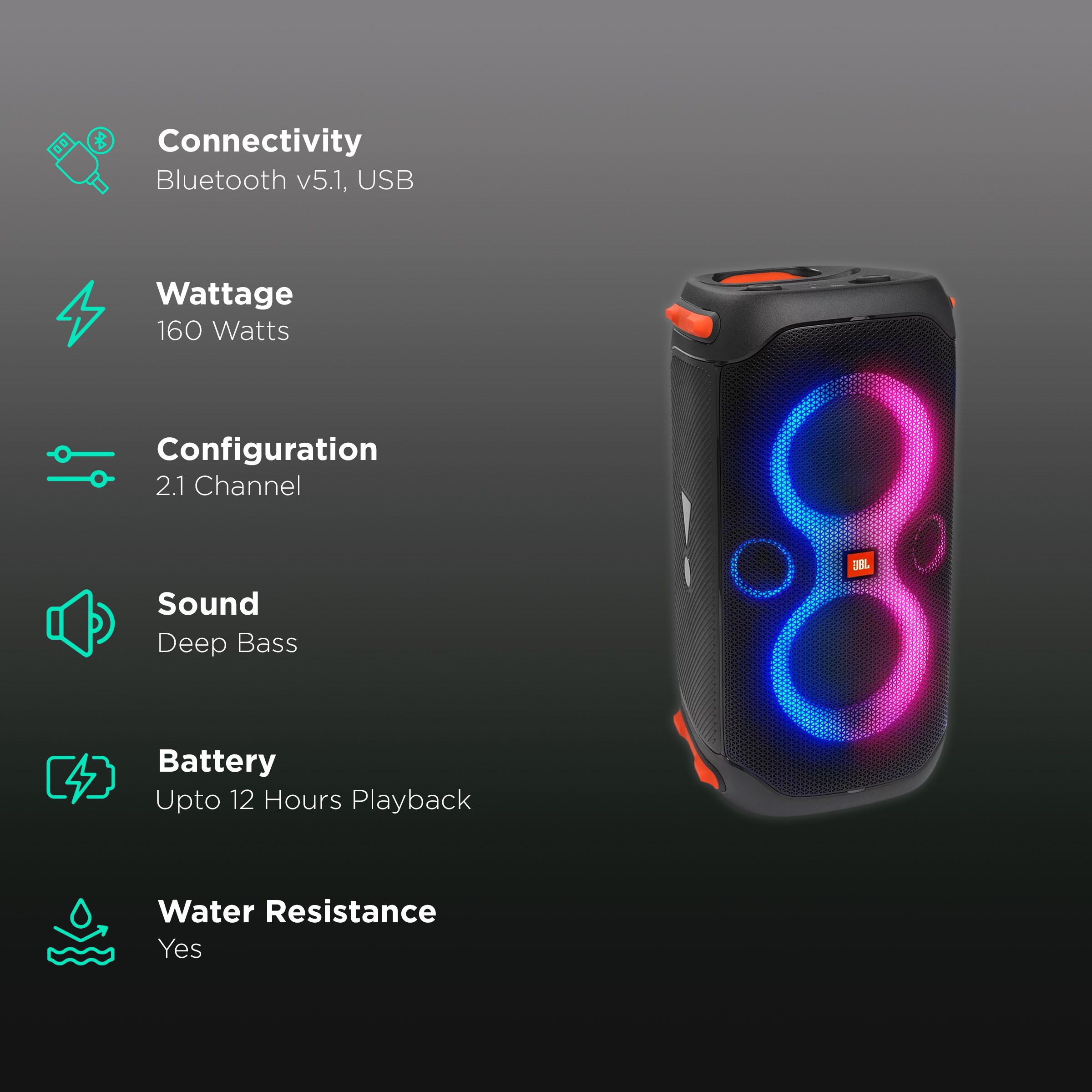 JBL PartyBox 110 160W Bluetooth Party Speaker (Waterproof, 2.1 Channel, Black) JBL PartyBox 110 160W Bluetooth Party Speaker (Waterproof, 2.1 Channel, Black)_2