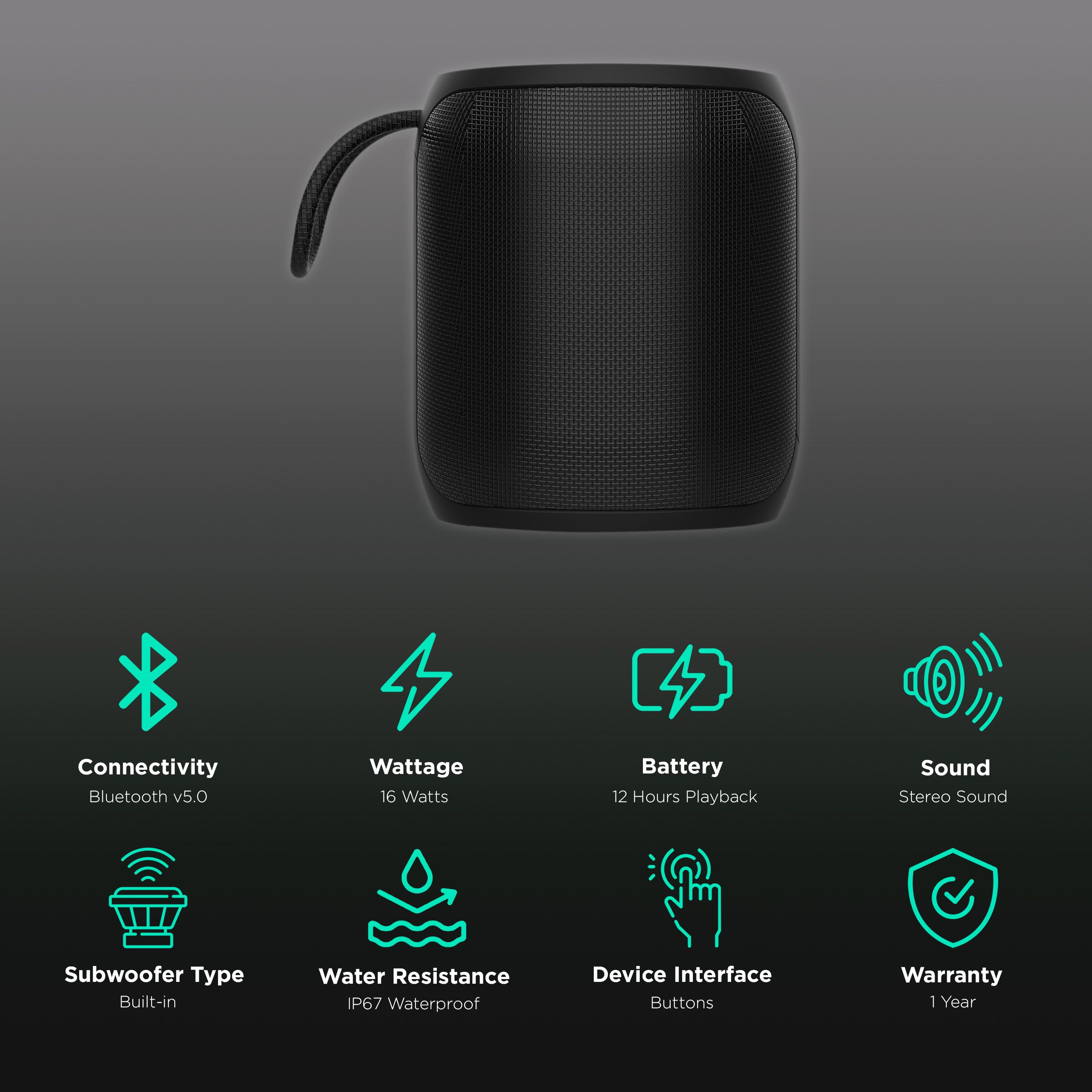Croma 16W Portable Bluetooth Speaker (IP67 Waterproof, 12 Hours Playtime, Black)_2
