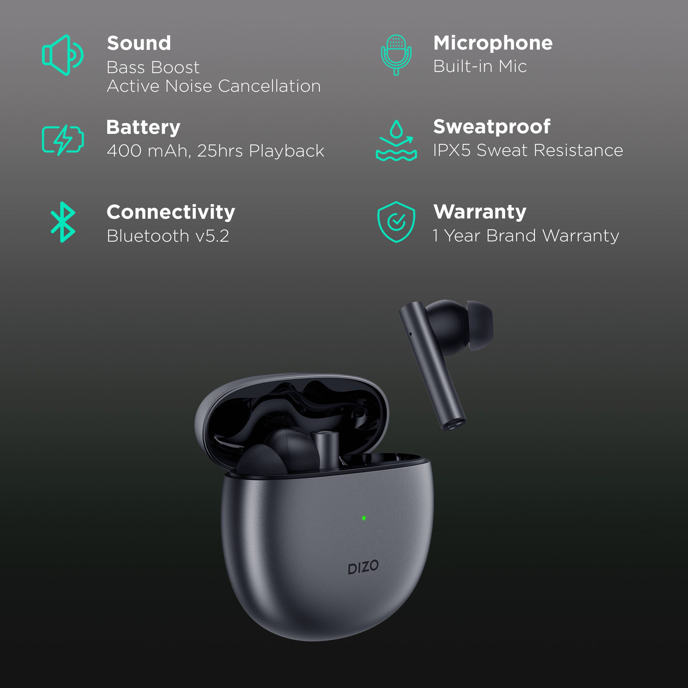 DIZO by realme TechLife GoPods DA2001 TWS Earbuds with Active Noise Cancellation (IPX5 Water Resistant, 25 Hours Playback, Smoky Grey)_2