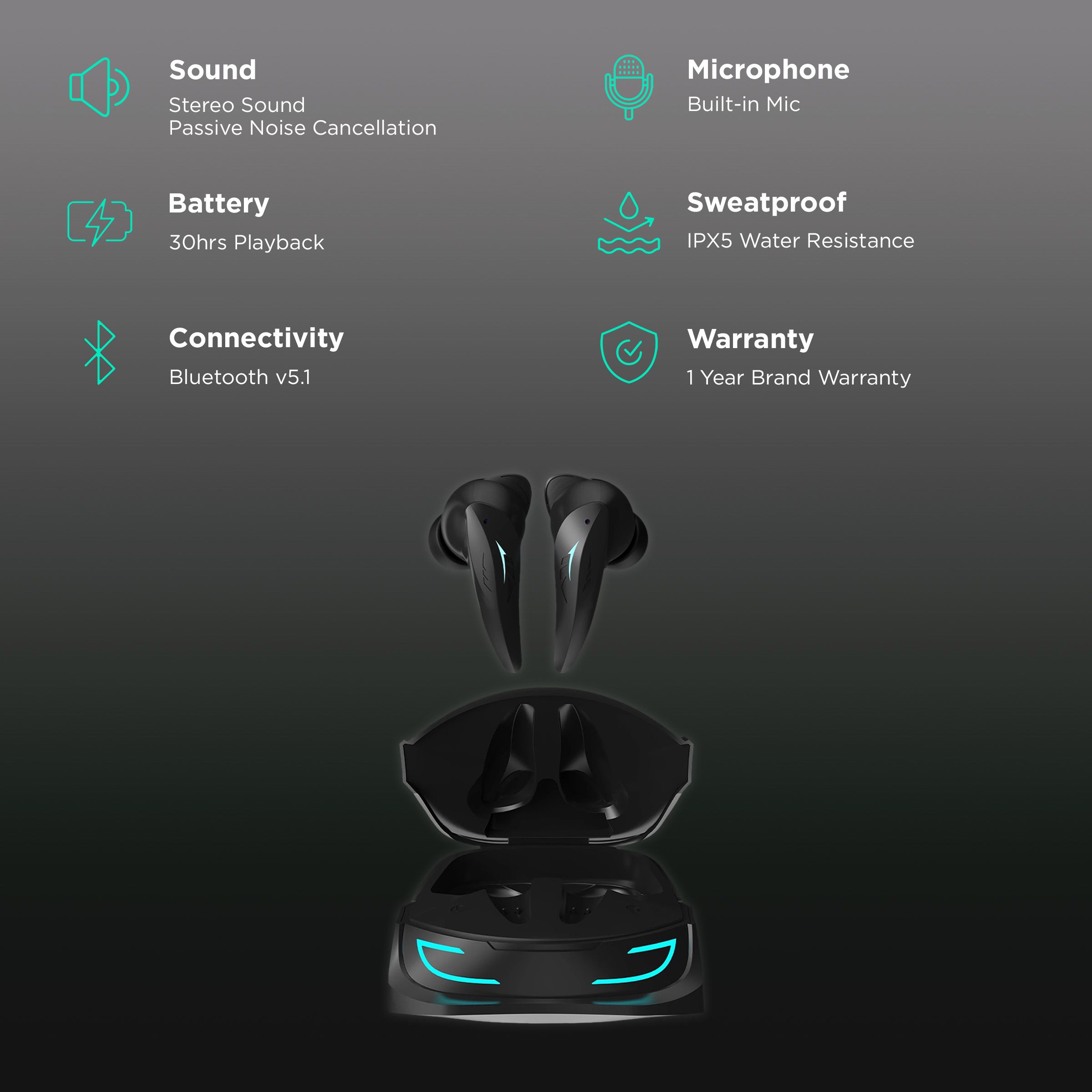 WINGS Phantom 500 TWS Earbuds with Environmental Noise Cancellation (IPX5 Water Resistant, 30 Hours Playtime, Black)_2
