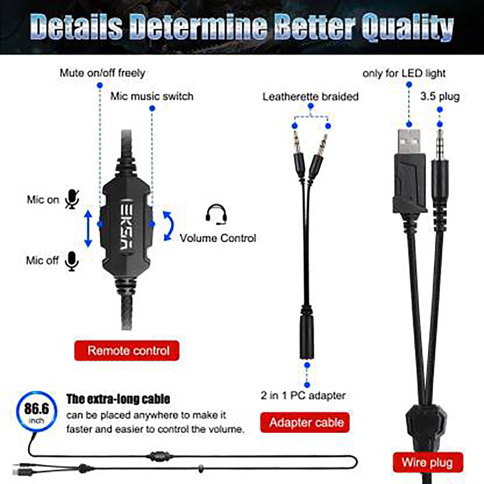 EKSA E3000 Wired Gaming Headset with Environmental Noise Cancellation (RGB light, Over Ear, Blue)_5