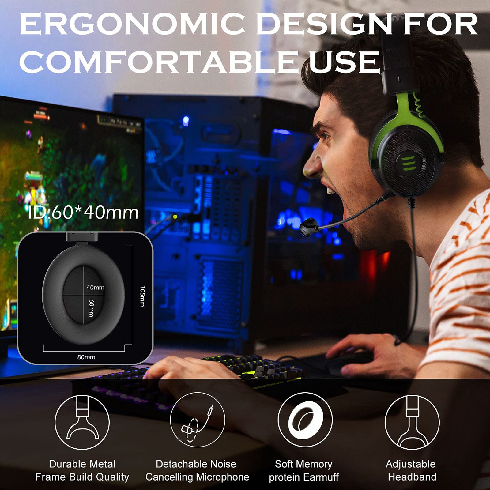 EKSA E900 Wired Gaming Headset (Stereo Bass Sound, Over Ear, Green) EKSA E900 Wired Gaming Headset (Stereo Bass Sound, Over Ear, Green)_6