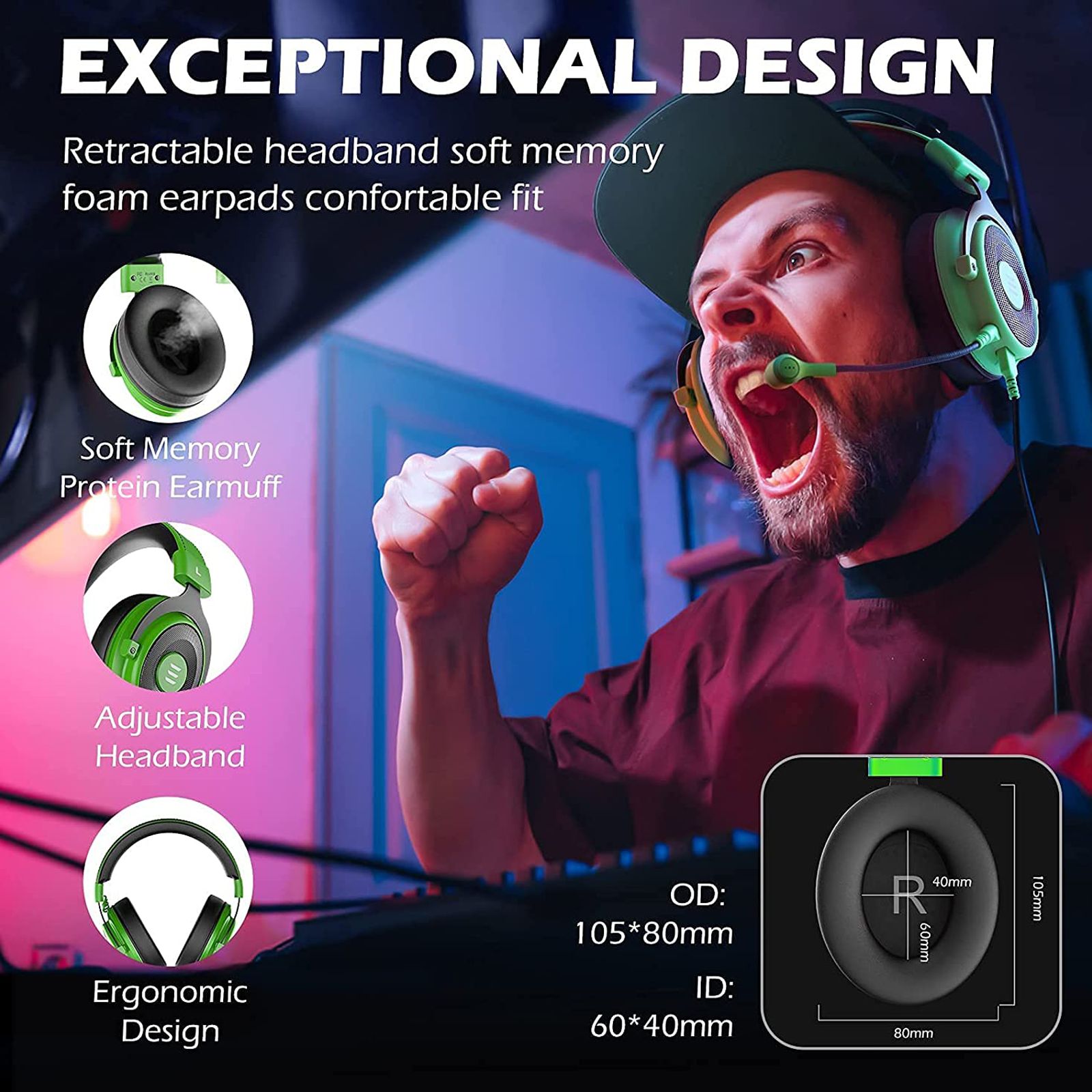 EKSA E900 Pro Wired Gaming Headset with Noise Cancellation (7.1 Virtual Surround Sound, Over Ear, Green)_5
