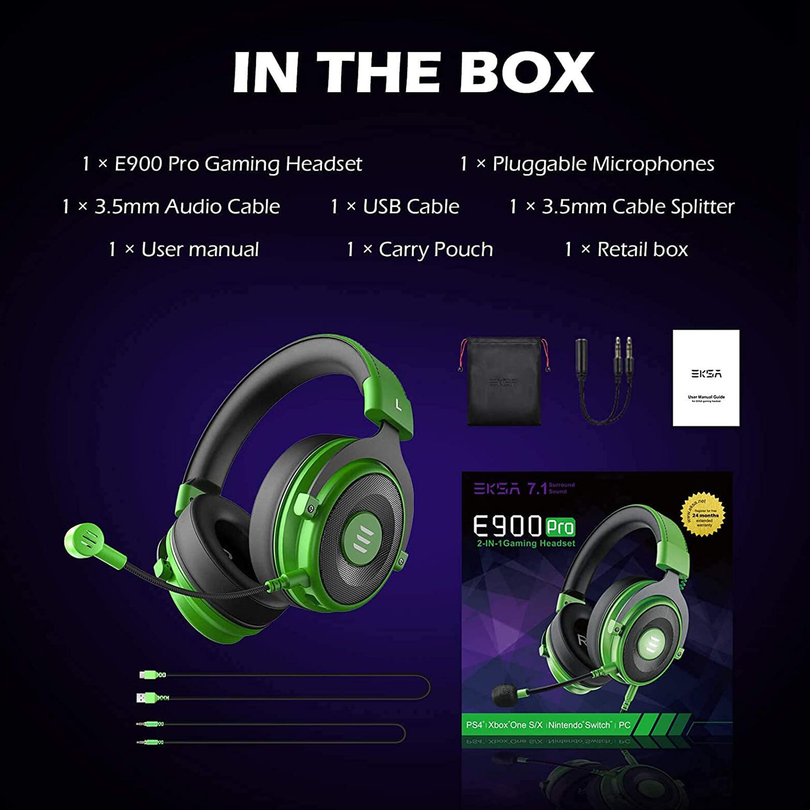 EKSA E900 Pro Wired Gaming Headset with Noise Cancellation (7.1 Virtual Surround Sound, Over Ear, Green)_7