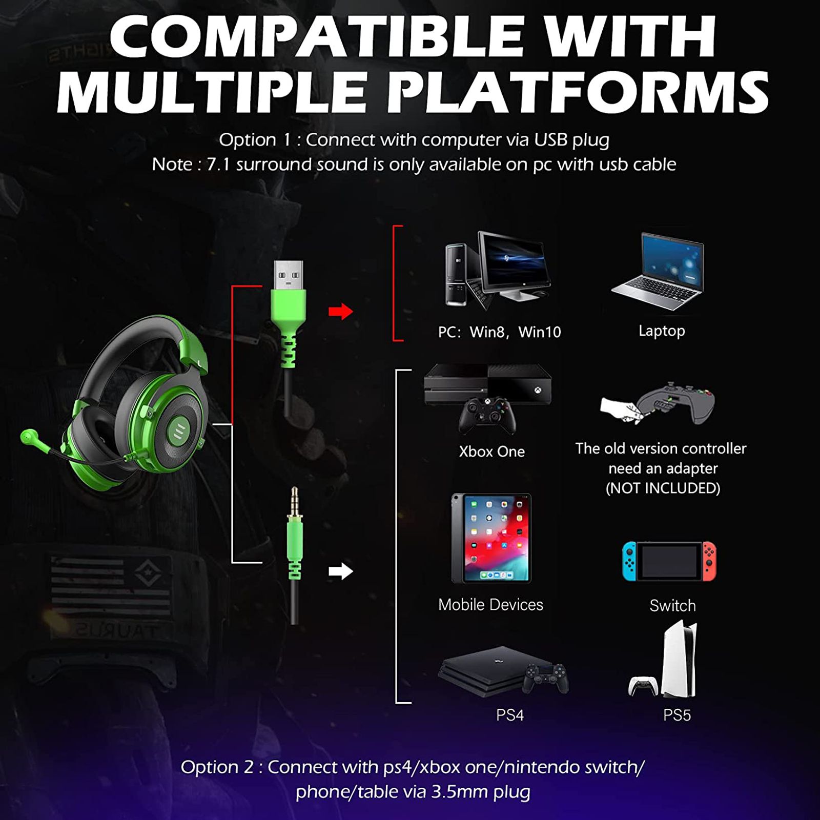 EKSA E900 Pro Wired Gaming Headset with Noise Cancellation (7.1 Virtual Surround Sound, Over Ear, Green)_9