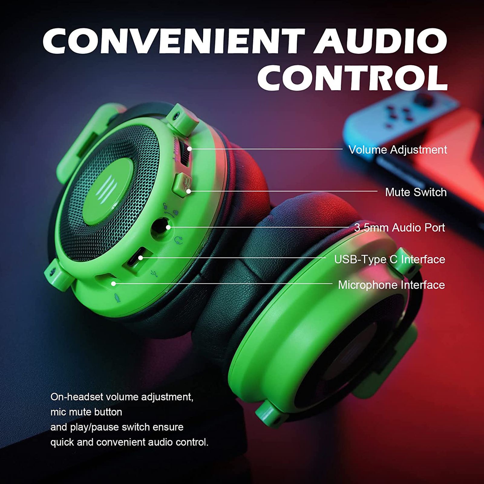 EKSA E900 Pro Wired Gaming Headset with Noise Cancellation (7.1 Virtual Surround Sound, Over Ear, Green)_4