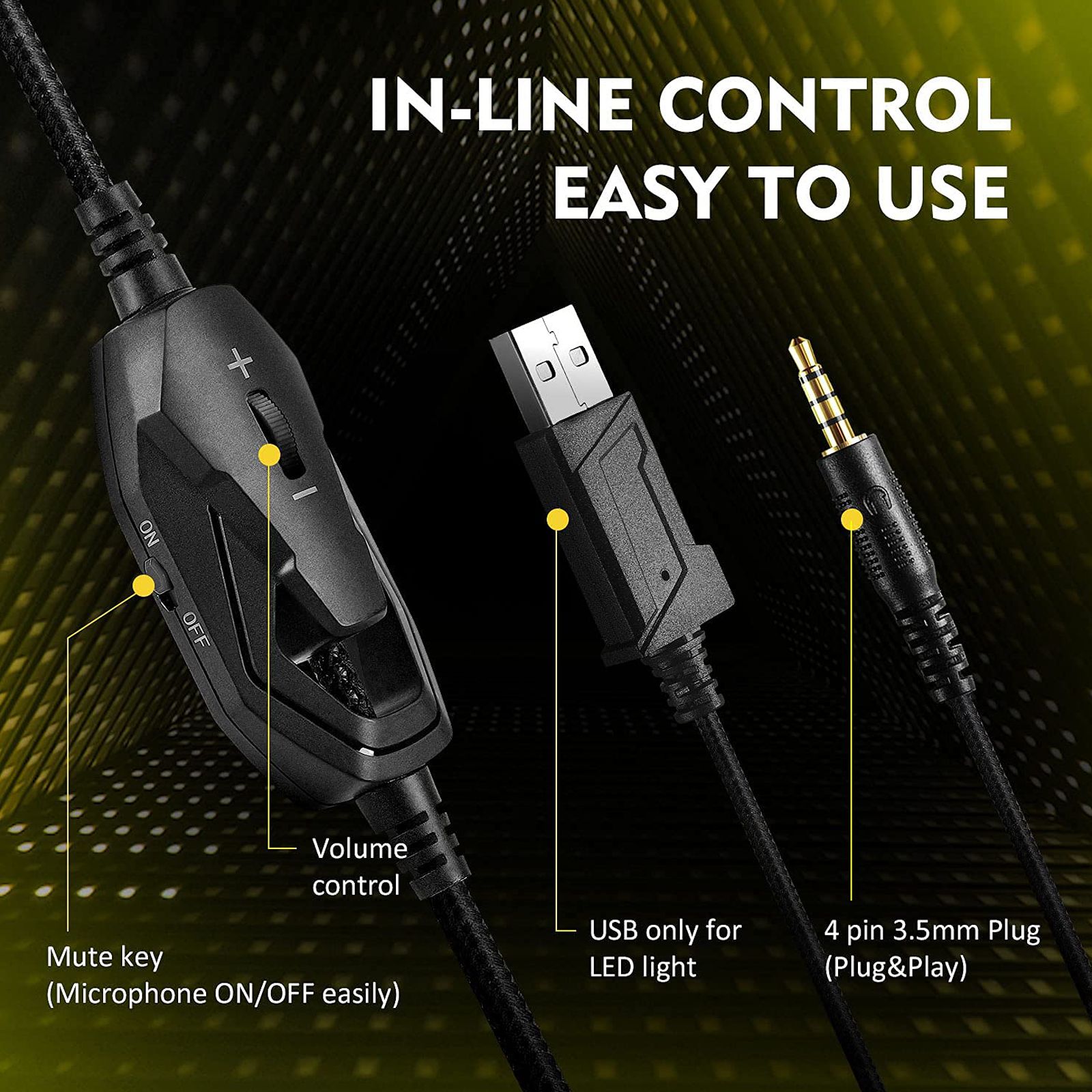 EKSA E800 Wired Gaming Headset with Noise Cancellation (LED light, Over Ear, Yellow)_6