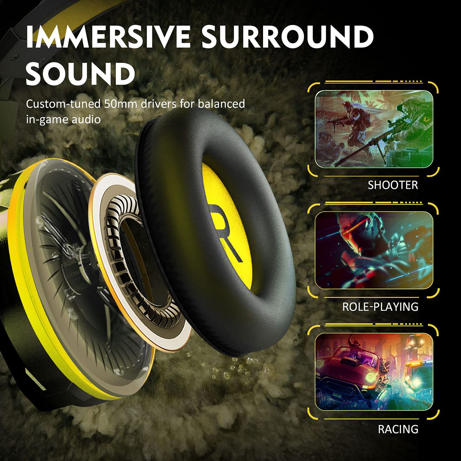 EKSA E800 Wired Gaming Headset with Noise Cancellation (LED light, Over Ear, Yellow)_7