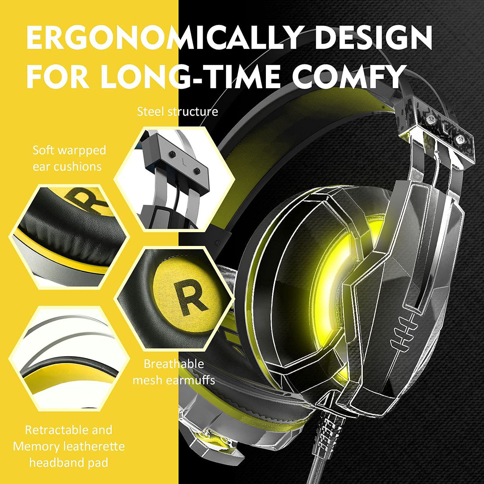 EKSA E800 Wired Gaming Headset with Noise Cancellation (LED light, Over Ear, Yellow)_8
