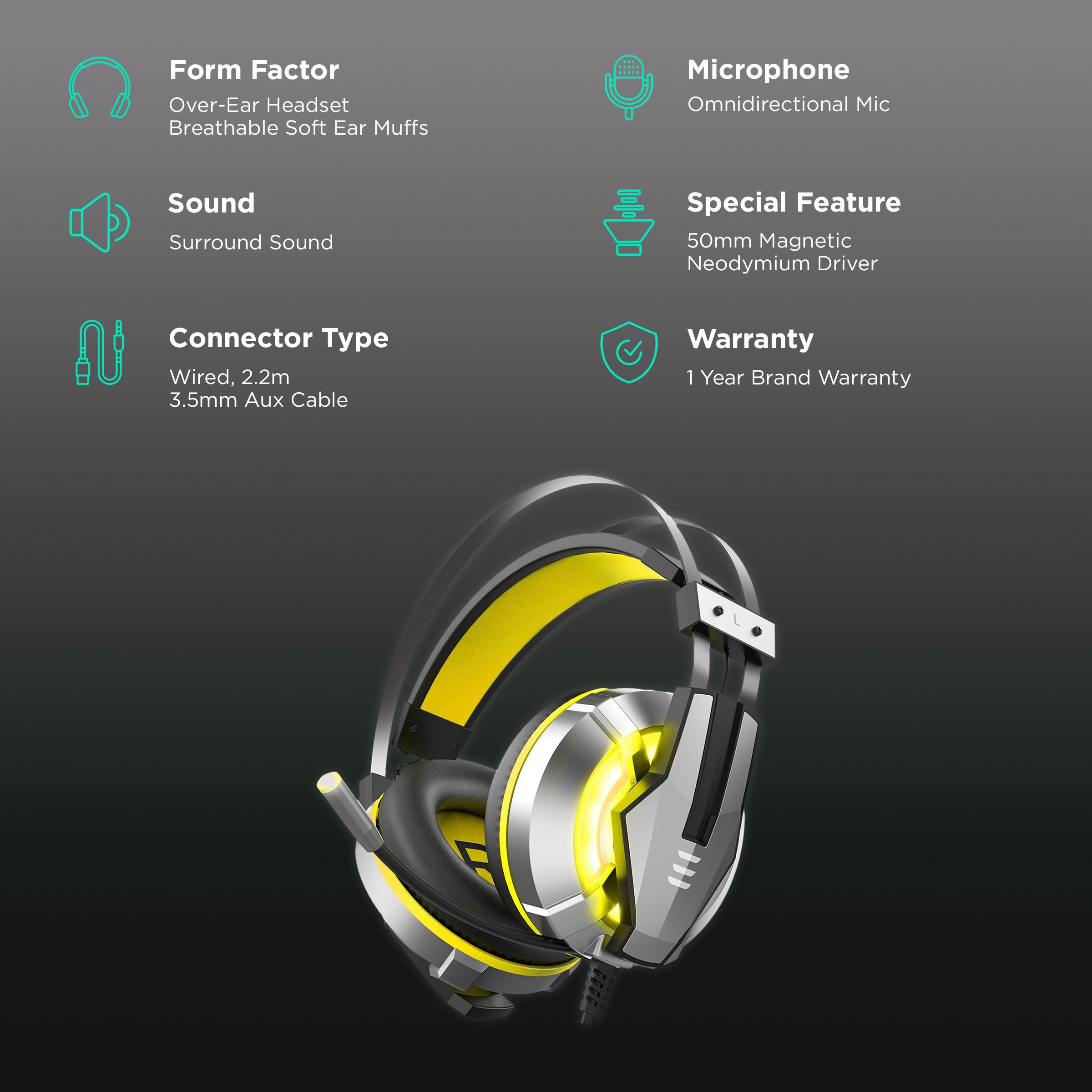 EKSA E800 Wired Gaming Headset with Noise Cancellation (LED light, Over Ear, Yellow)_2