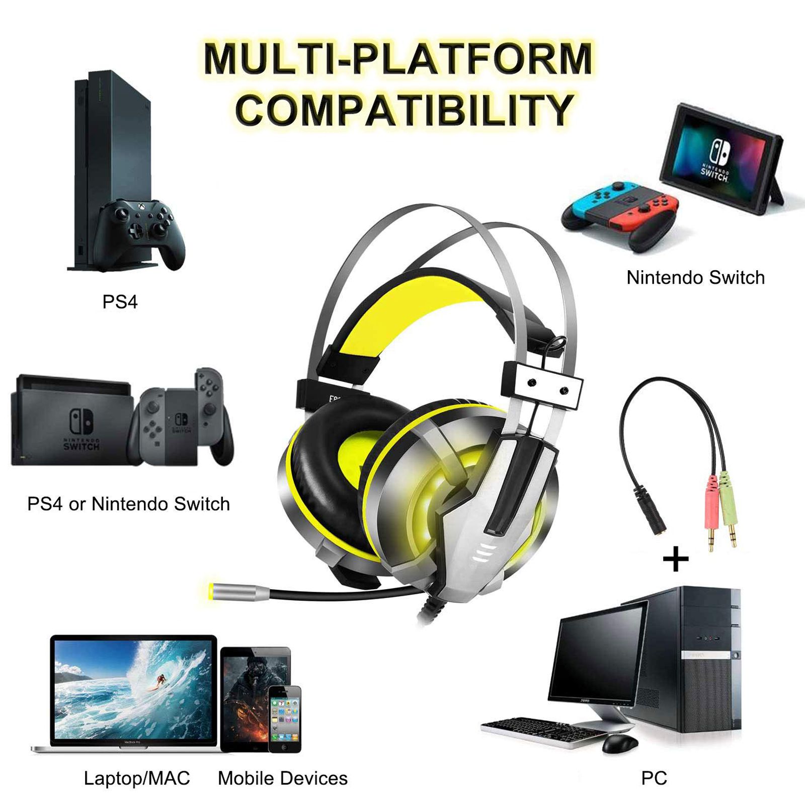 EKSA E800 Wired Gaming Headset with Noise Cancellation (LED light, Over Ear, Yellow)_3