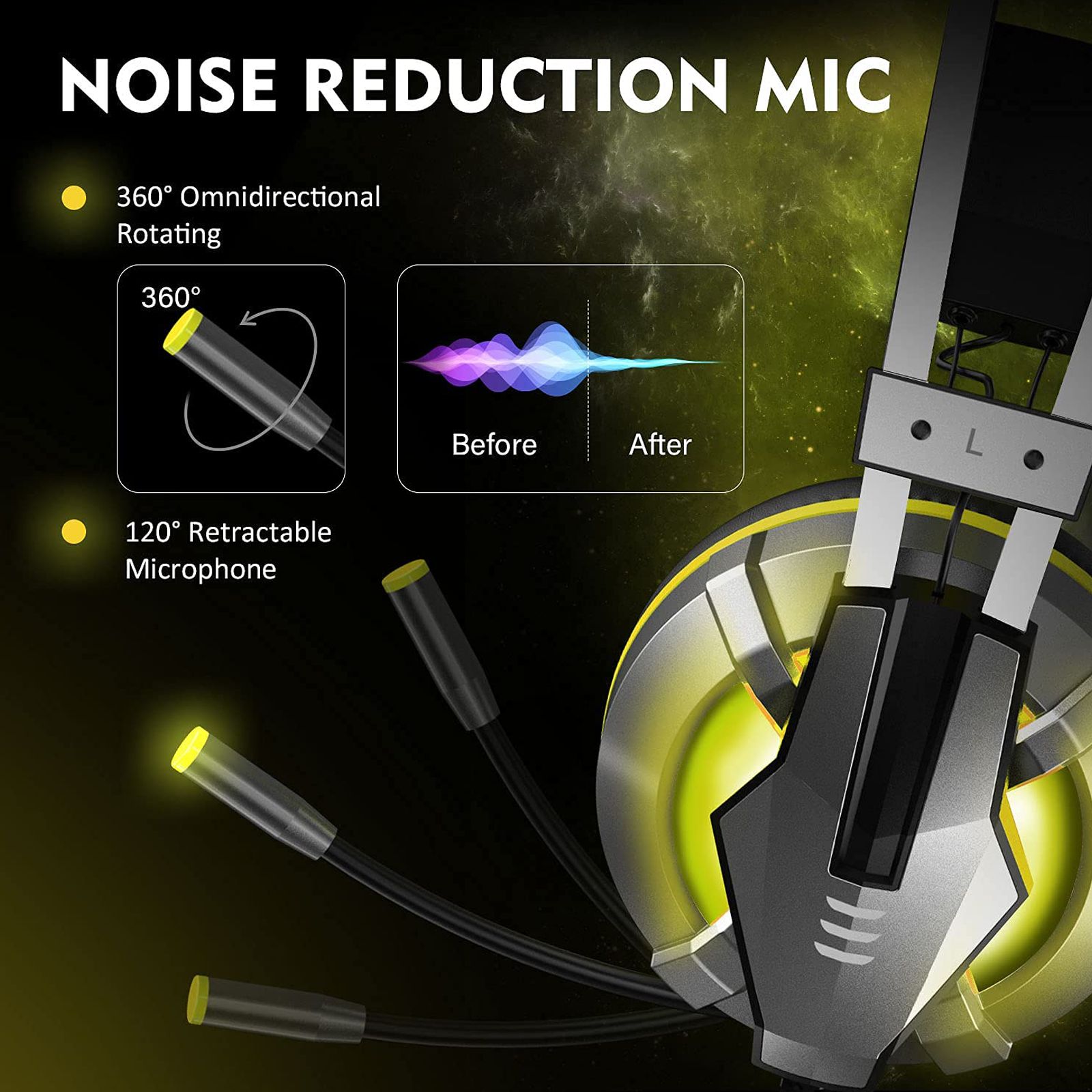 EKSA E800 Wired Gaming Headset with Noise Cancellation (LED light, Over Ear, Yellow)_4