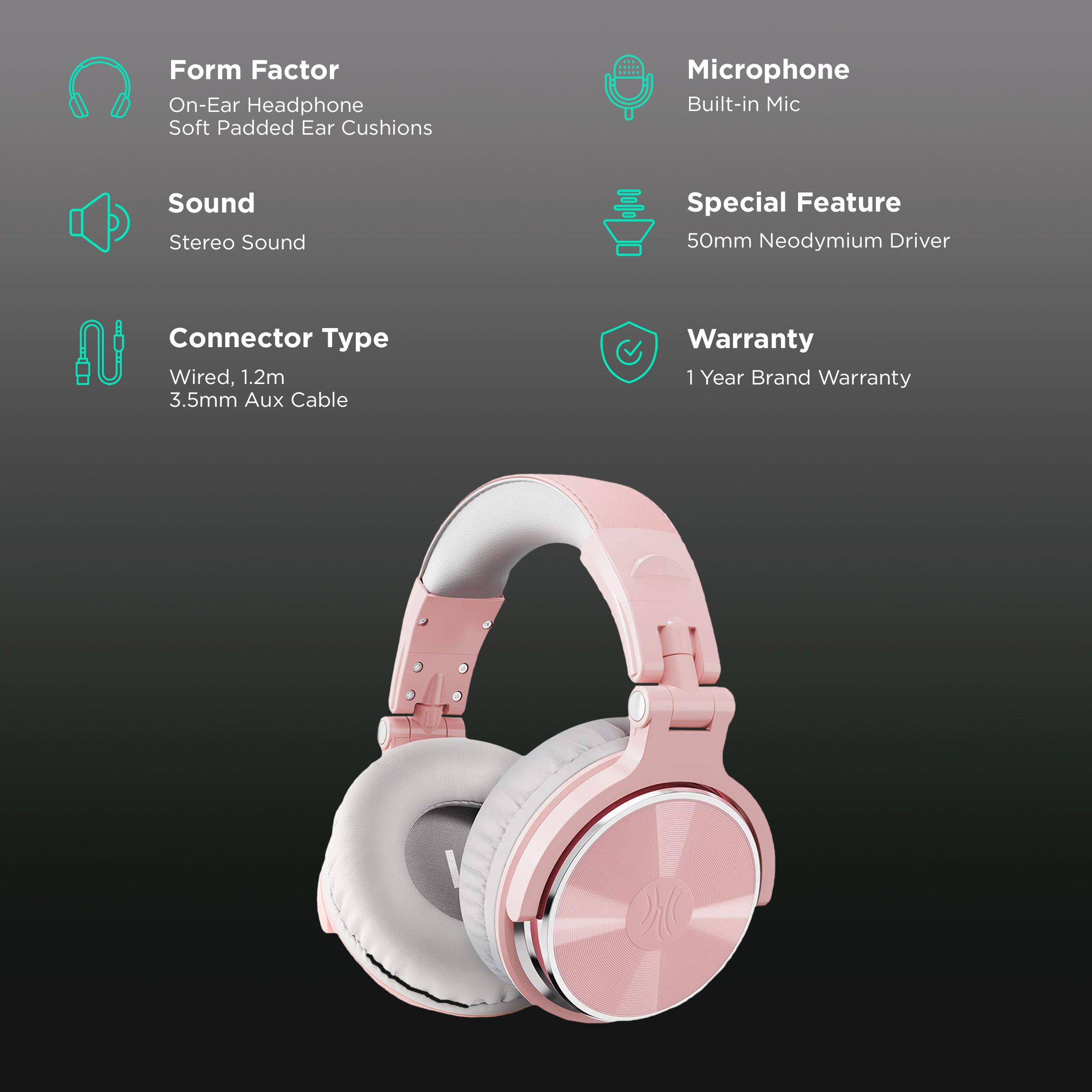 OneOdio Pro 10 PRO10WDPK Wired Headphone with Mic (On Ear, Pink)_2