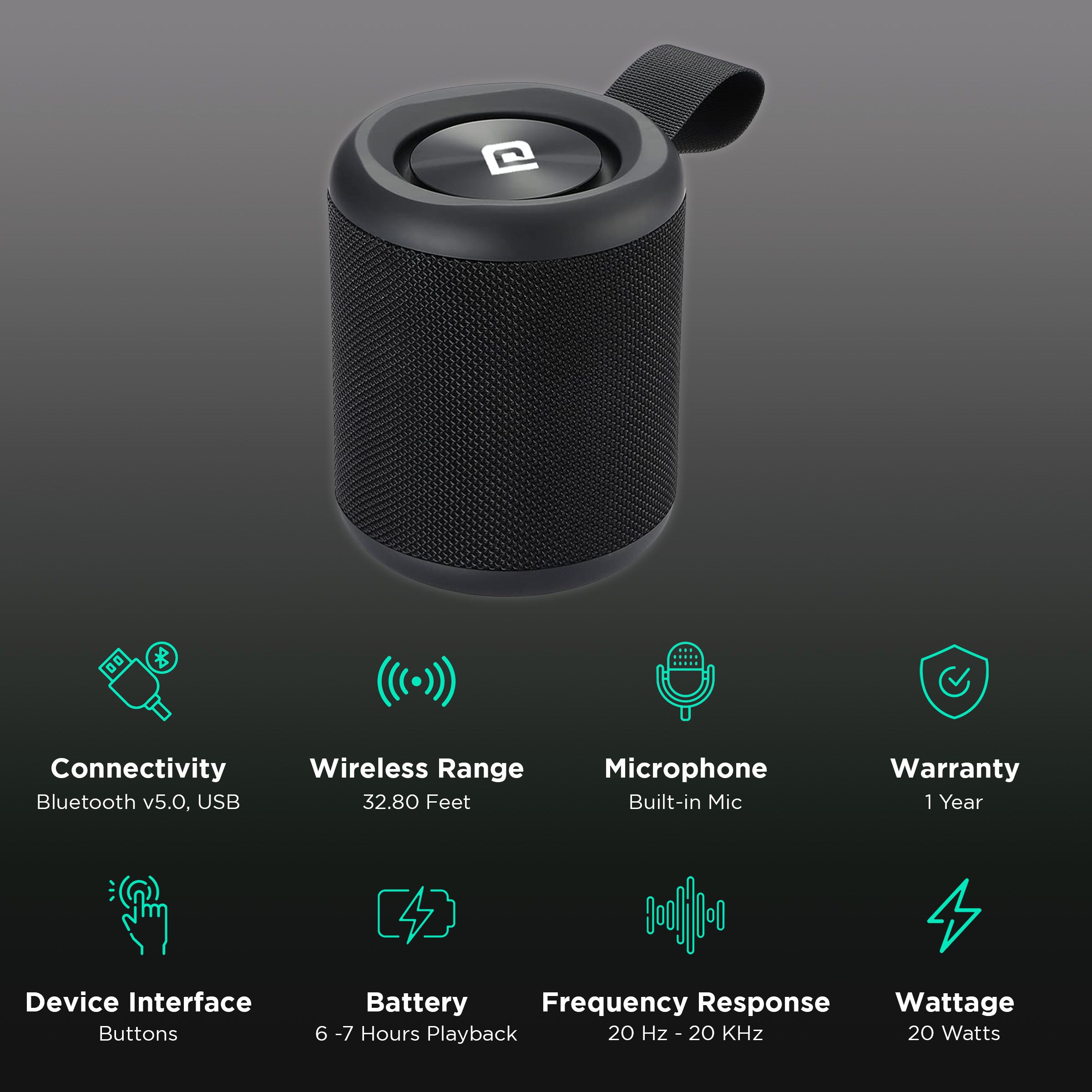 PORTRONICS SoundDrum P 20W Portable Bluetooth Speaker (Hands Free Calling, Stereo Channel, Black)_2
