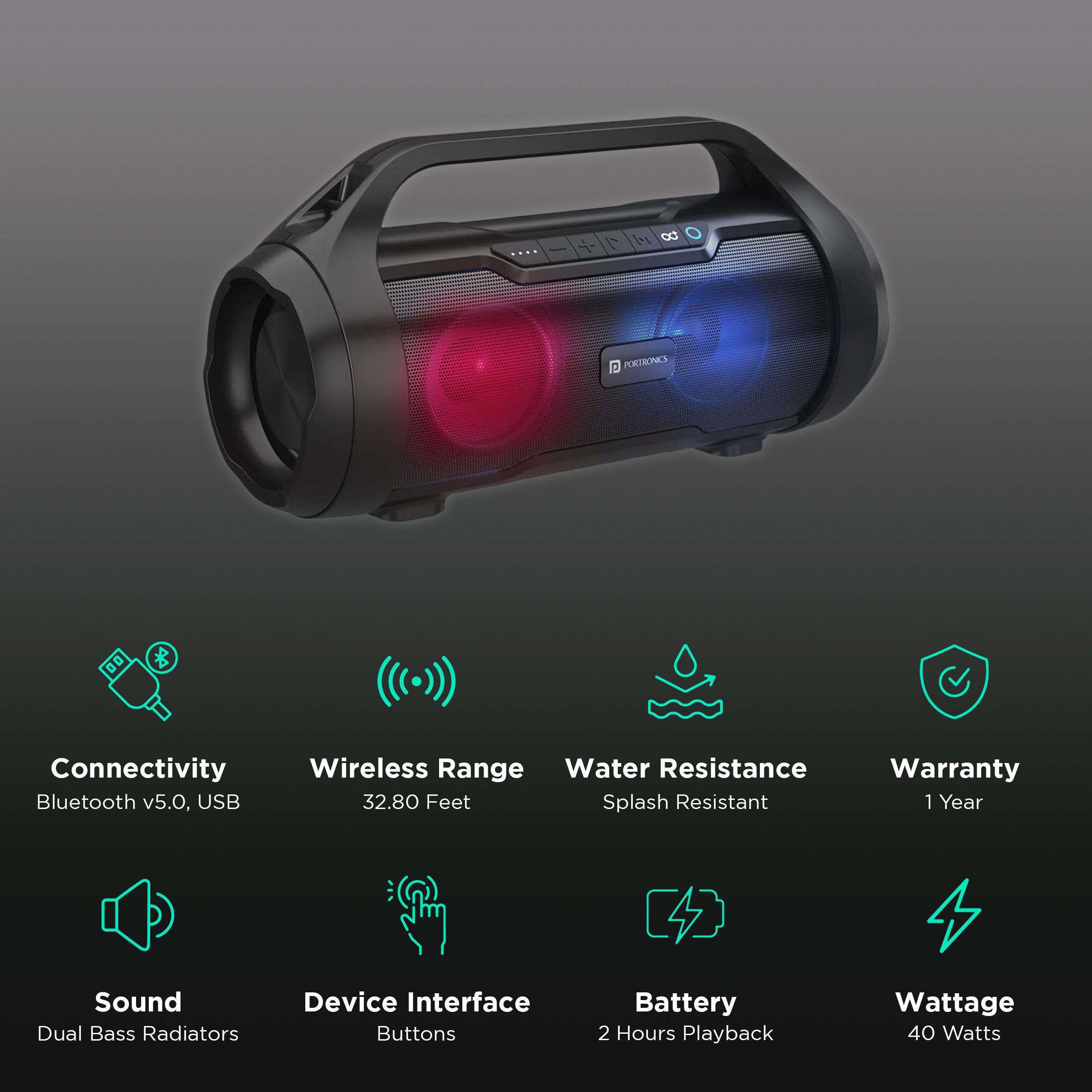 PORTRONICS Dash 11 40W Bluetooth Party Speaker (Multi Colour LED Light, Stereo Channel, Black) PORTRONICS Dash 11 40W Bluetooth Party Speaker (Multi Colour LED Light, Stereo Channel, Black)_2