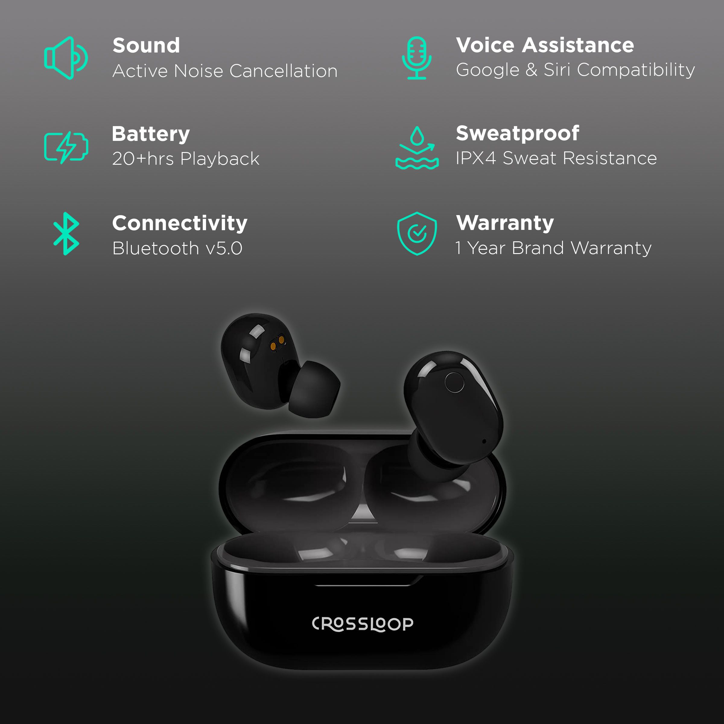 CROSSLOOP GENEX-BK TWS Earbuds with Active Noise Cancellation (IPX4 Sweat Resistant, Upto 20 Hours Playback, Black) CROSSLOOP GENEX-BK TWS Earbuds with Active Noise Cancellation (IPX4 Sweat Resistant, Upto 20 Hours Playback, Black)_2