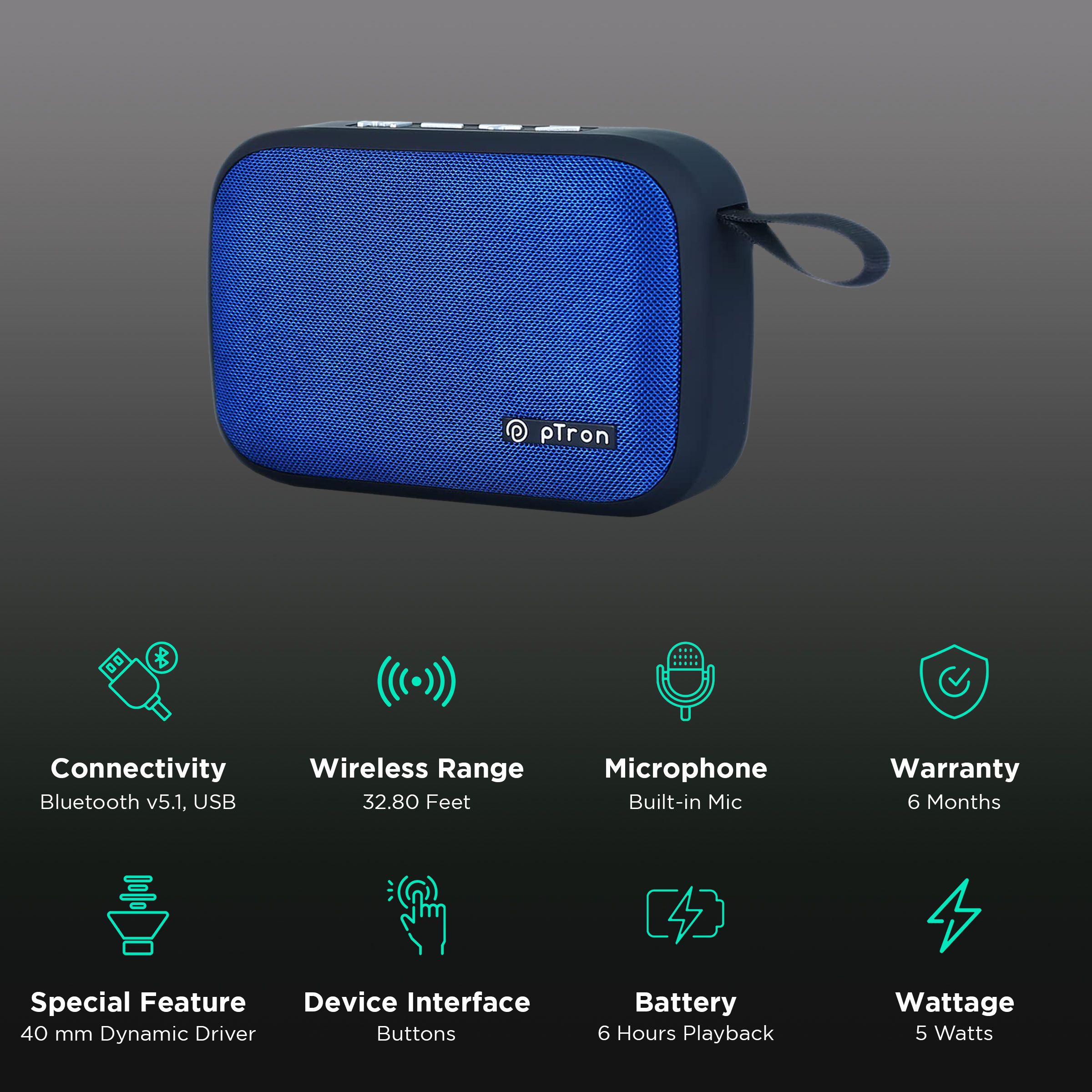 pTron Sonor Evo 5 Watt Portable Bluetooth Speaker (Integrated Music, Call Control, Blue)_2