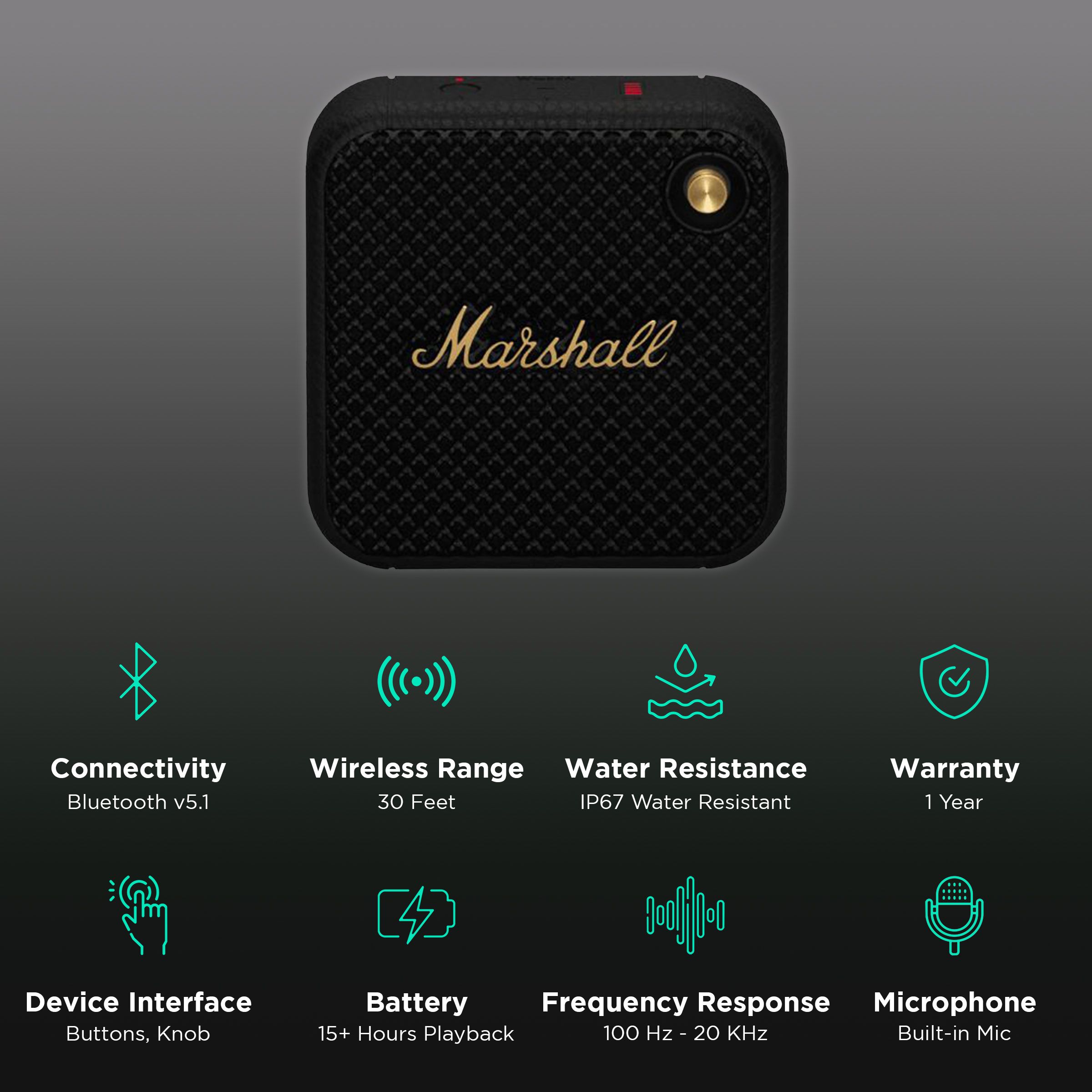Marshall Willen 10W Portable Bluetooth Speaker (IP67 Water & Dust Resistant, 15 Hours of Playback Time, Mono Channel, Black & Brass) Marshall Willen 10W Portable Bluetooth Speaker (IP67 Water & Dust Resistant, 15 Hours of Playback Time, Mono Channel, Black & Brass)_2