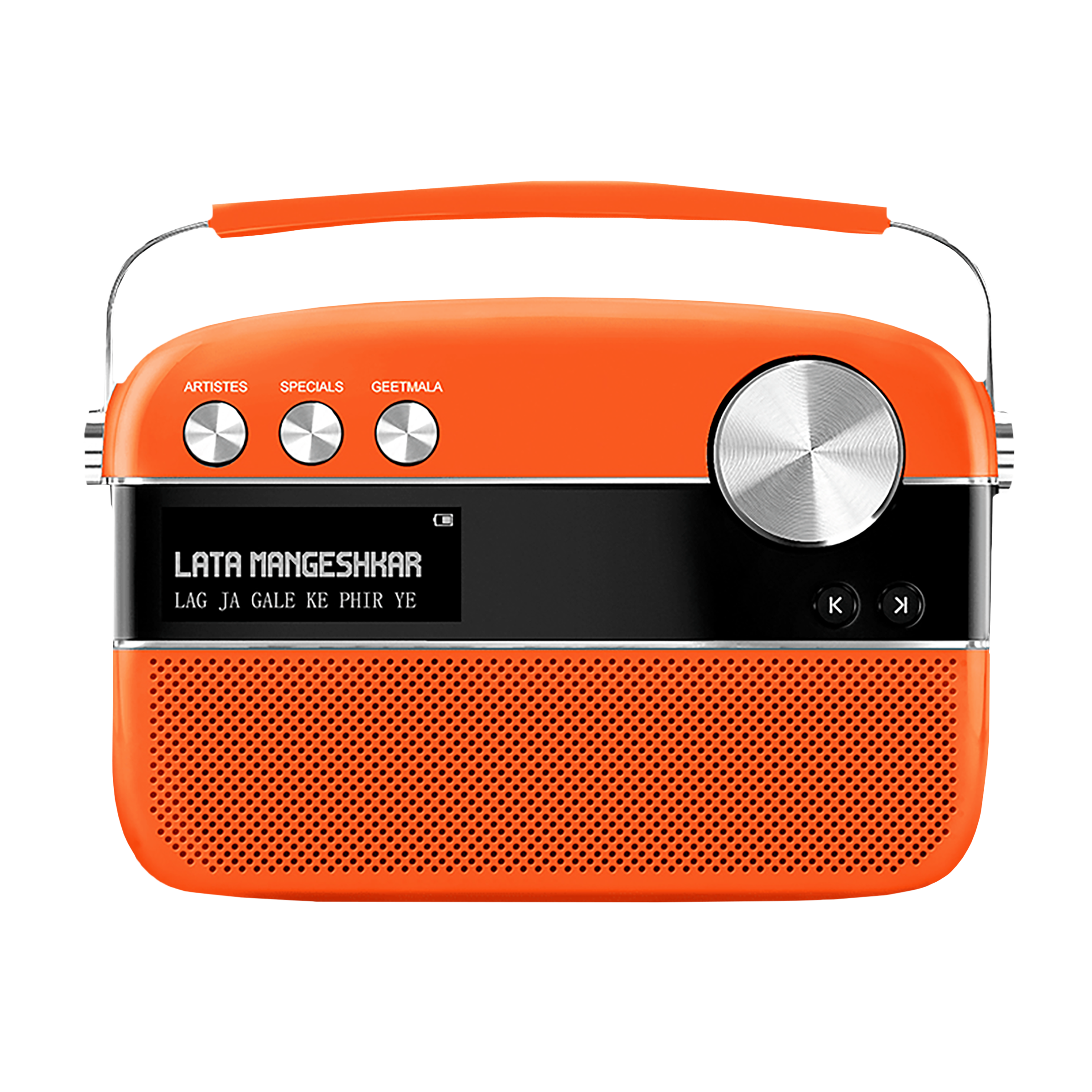 SAREGAMA Carvaan Premium Pop 6W Portable Speaker (Pre-loaded 5000 Evergreen Hindi Songs, 2.0Channel, SC230, Candy Orange)_1
