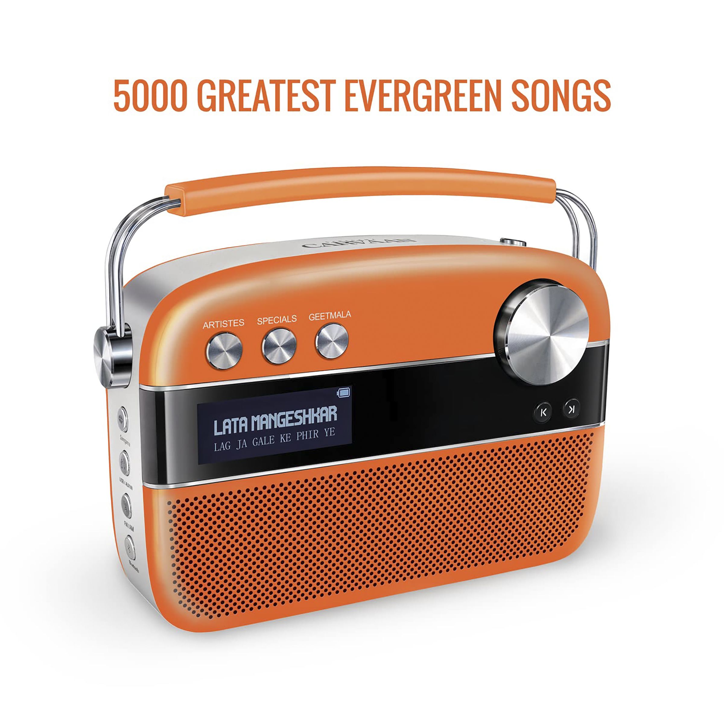 SAREGAMA Carvaan Premium Pop 6W Portable Speaker (Pre-loaded 5000 Evergreen Hindi Songs, 2.0Channel, SC230, Candy Orange)_9