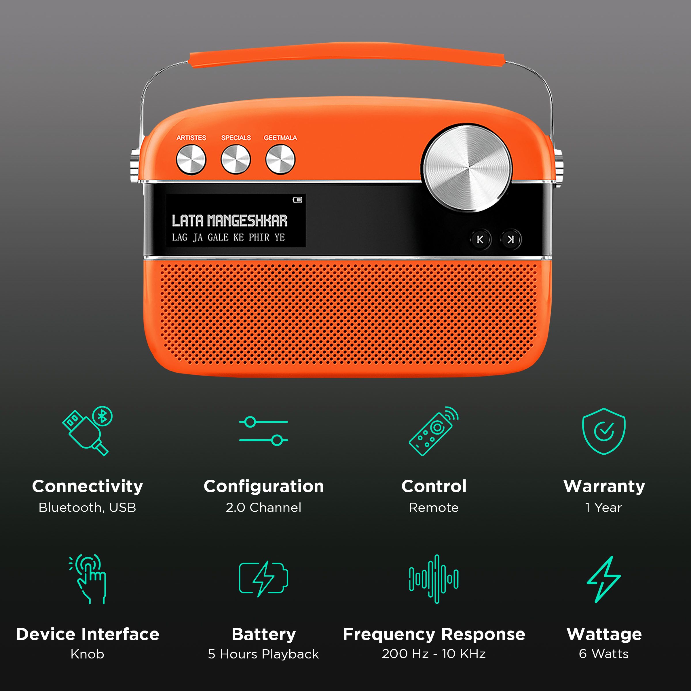 SAREGAMA Carvaan Premium Pop 6W Portable Speaker (Pre-loaded 5000 Evergreen Hindi Songs, 2.0Channel, SC230, Candy Orange)_2