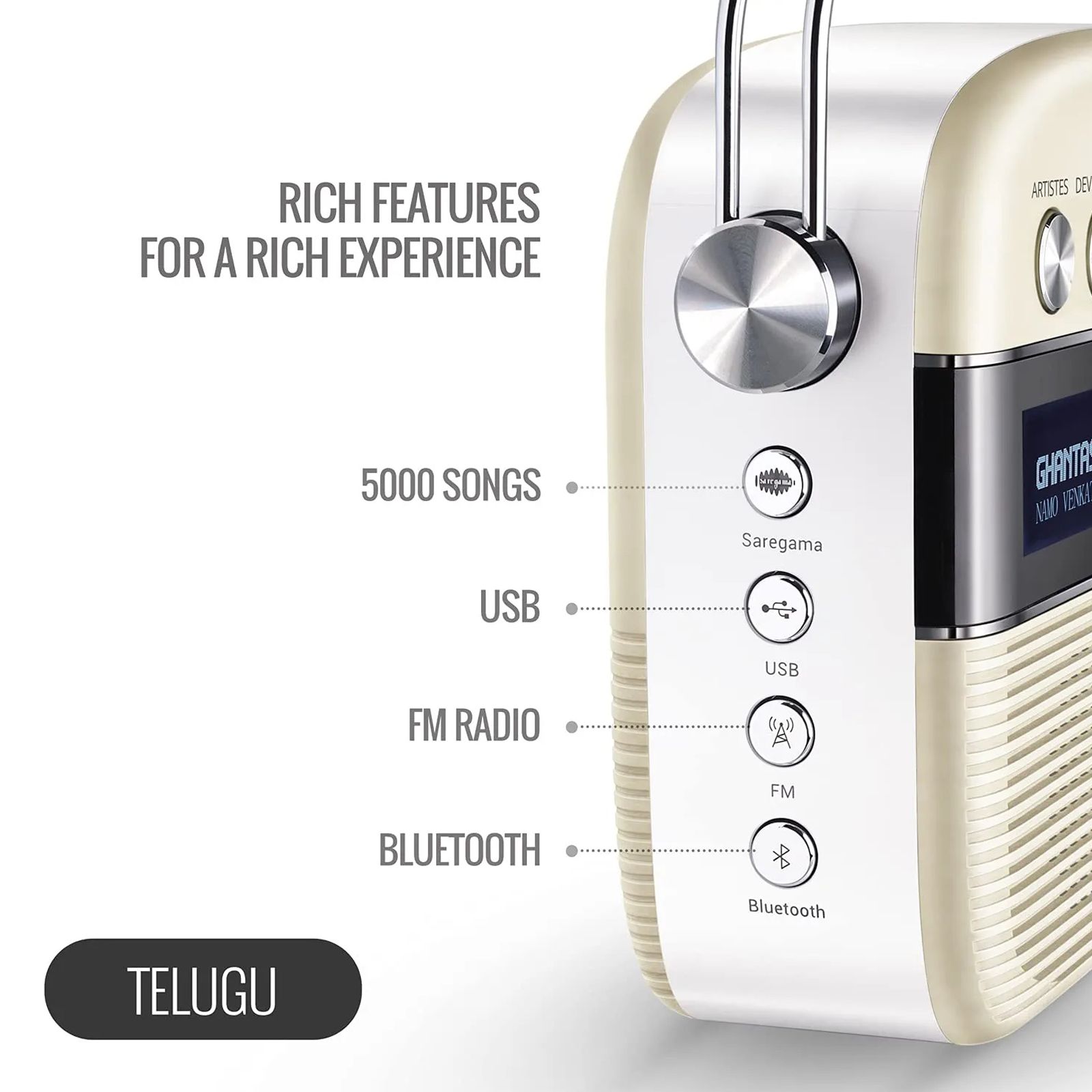 SAREGAMA Carvaan Telugu Music Player (50 Plus Dedicated Stations, SC02, Porcelain White)_8